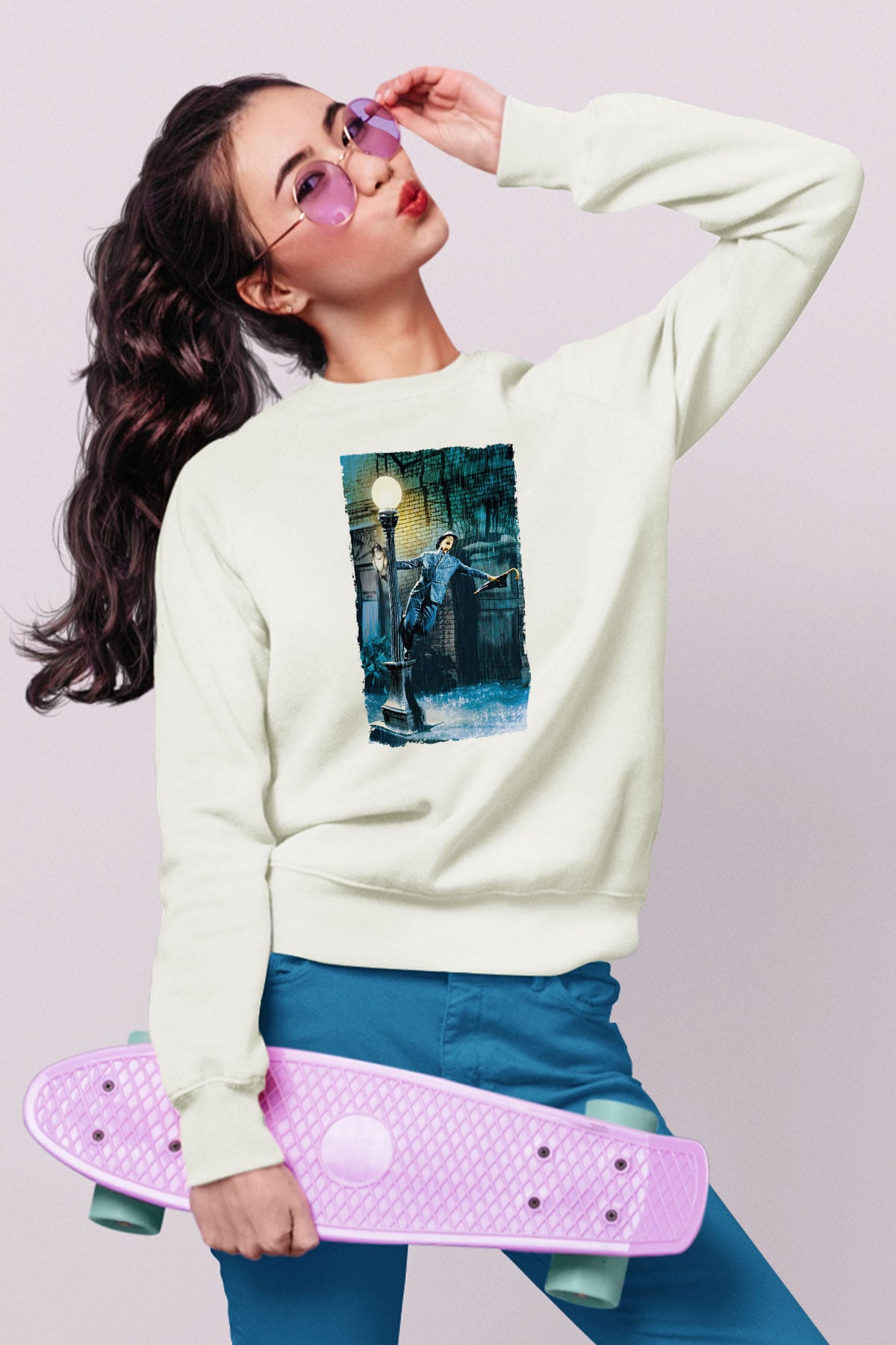 Unisex Yağmur Altında (Singin in the Rain) Baskılı Beyaz Sweatshirt