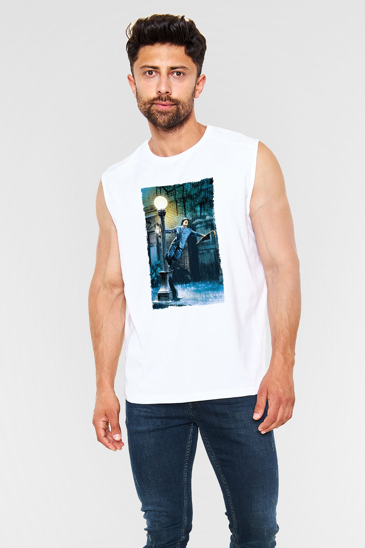 Unisex Yağmur Altında (Singin in the Rain) Baskılı Beyaz Kolsuz T-shirt