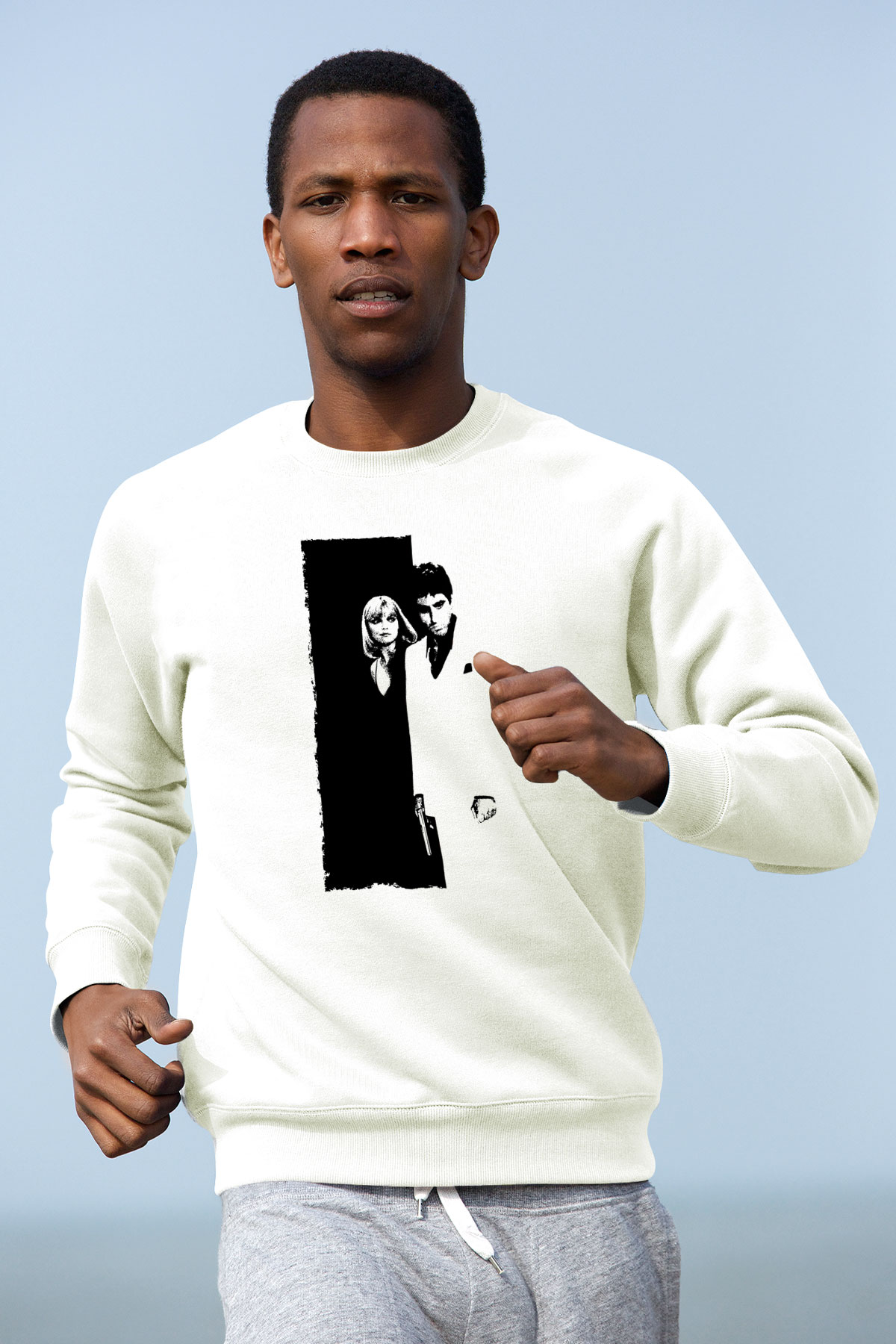 Unisex Yaralı Yüz (Scarface) Baskılı Beyaz Sweatshirt