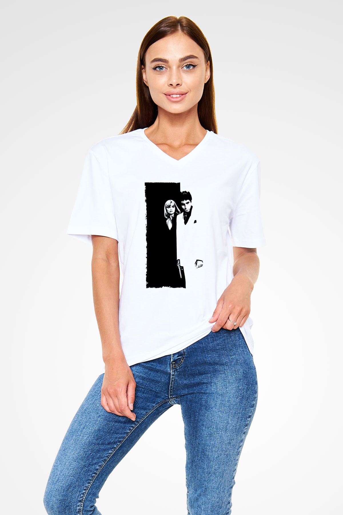 Unisex Yaralı Yüz (Scarface) Baskılı Beyaz V Yaka Tshirt