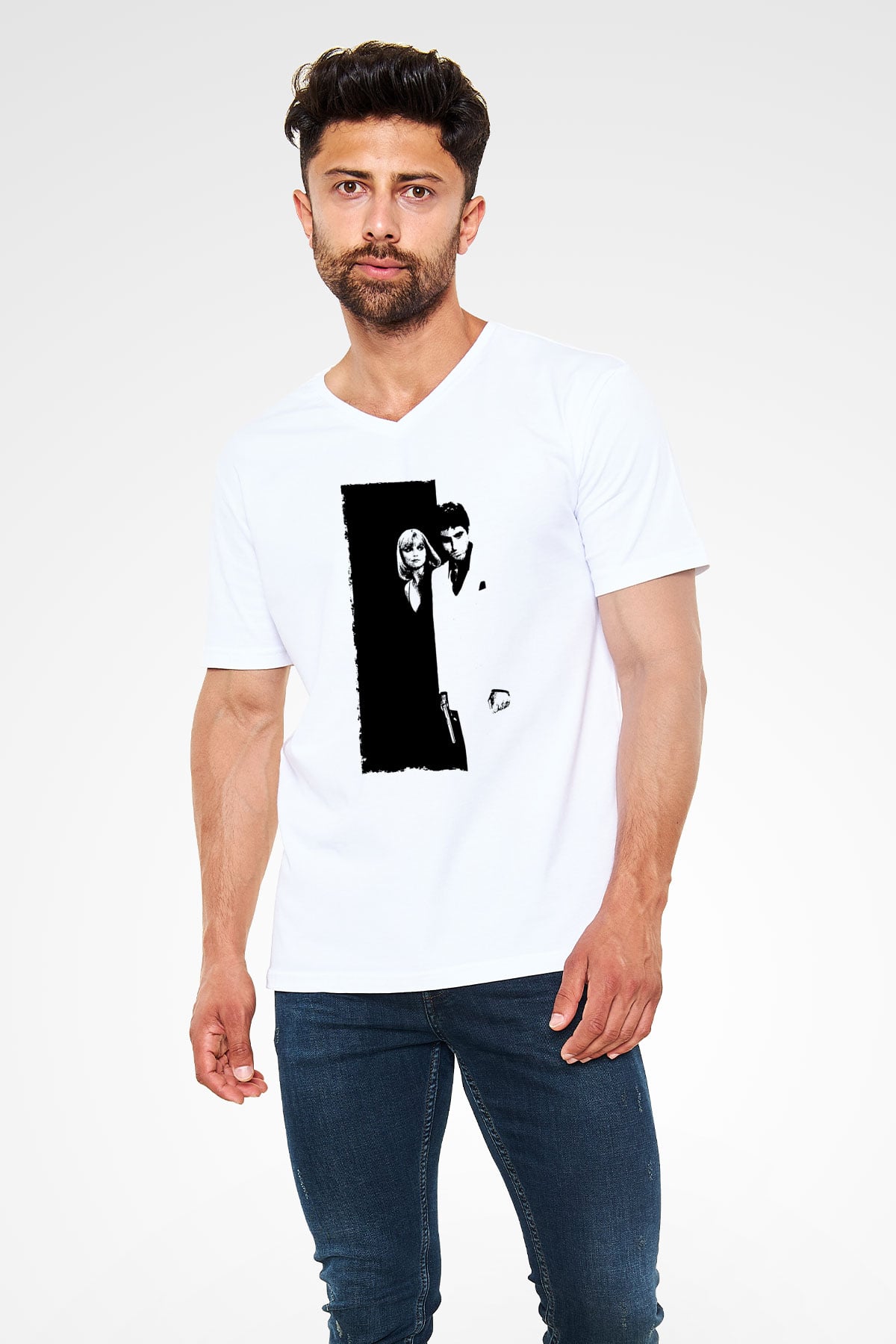 Unisex Yaralı Yüz (Scarface) Baskılı Beyaz V Yaka Tshirt
