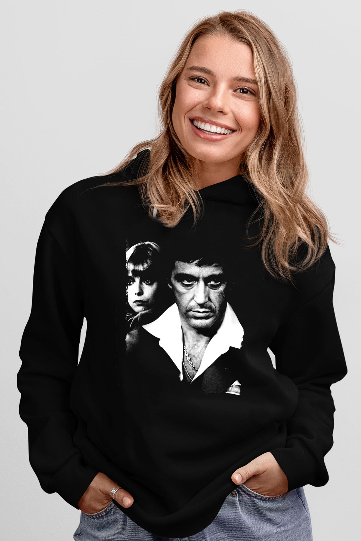 Unisex Yaralı Yüz (Scarface) Baskılı Siyah Kapüşonlu Sweatshirt