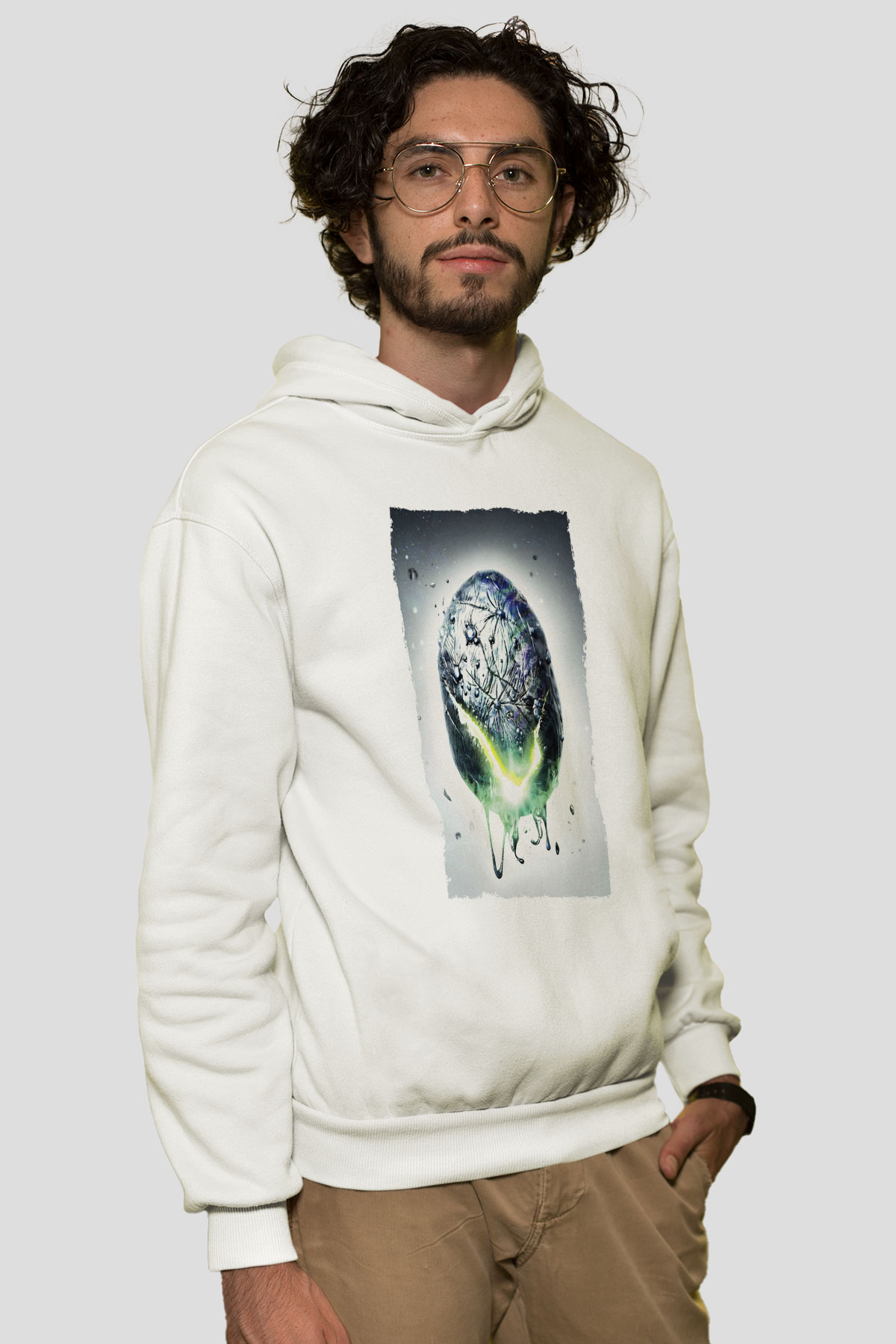 Unisex Yaratık - Alien Baskılı Beyaz Kapüşonlu Sweatshirt