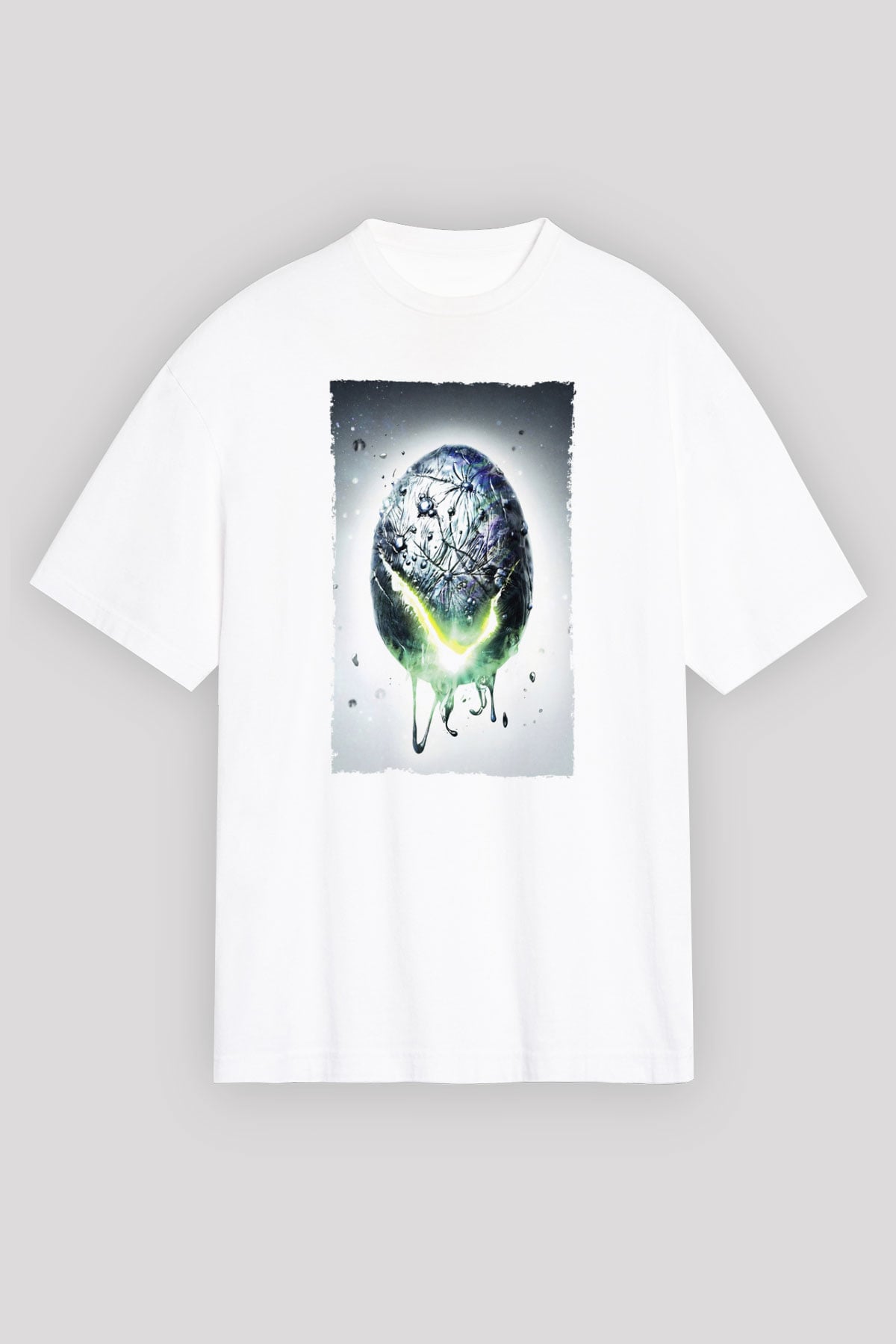 Unisex Yaratık - Alien Baskılı Beyaz Oversize Oversize T-shirt