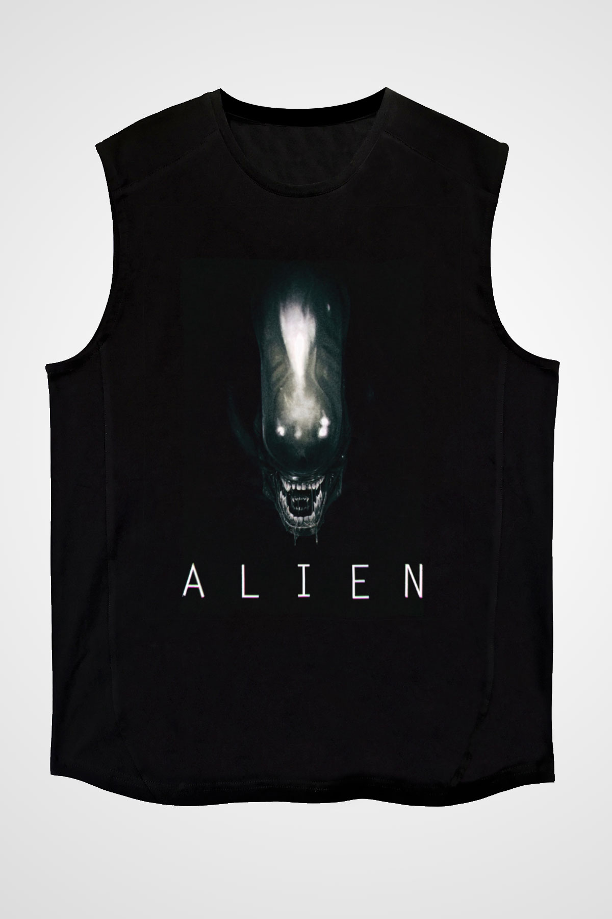 Unisex Yaratık (Alien) Baskılı Siyah Kolsuz T-shirt