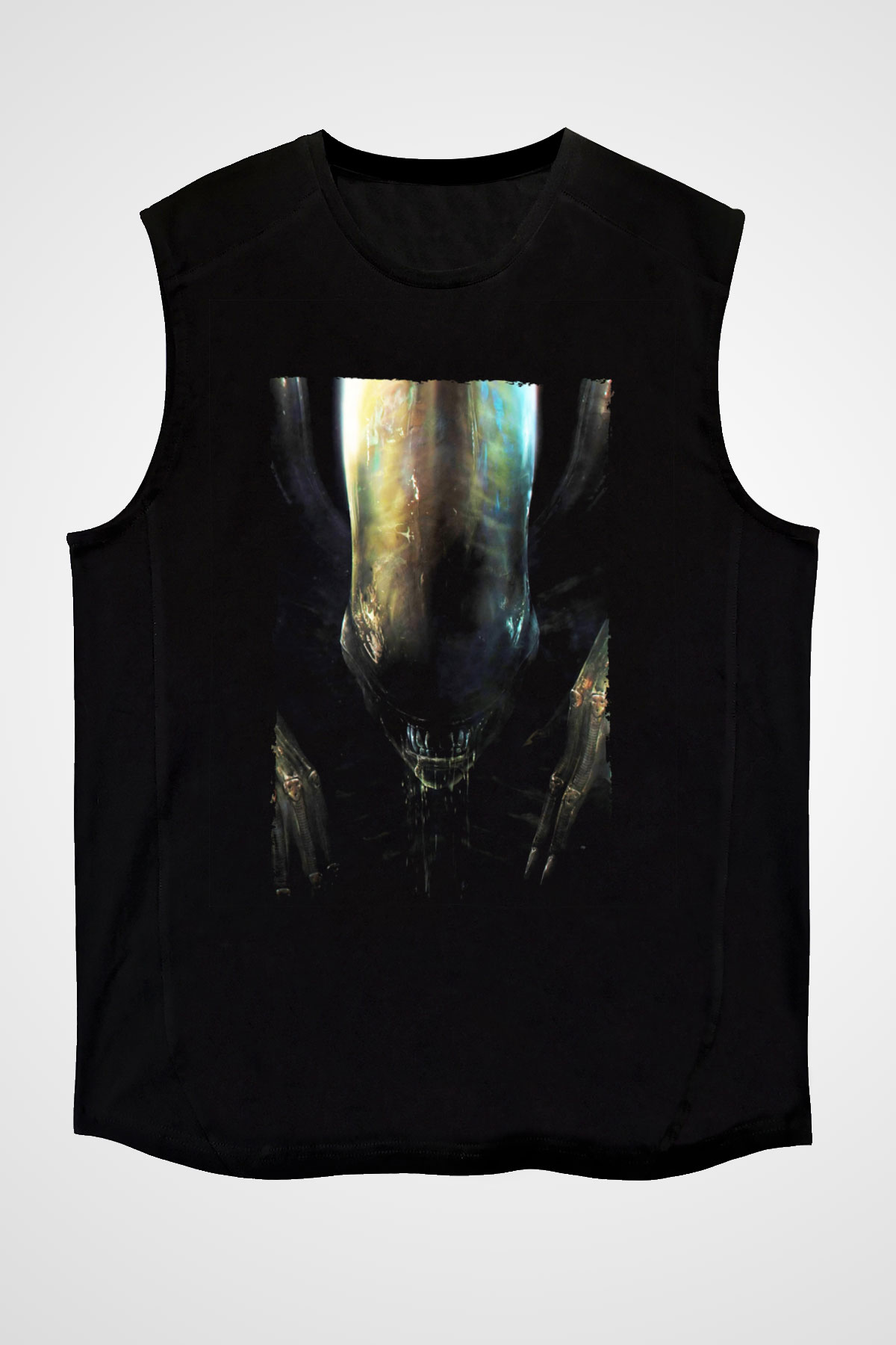 Unisex Yaratık (Alien) Baskılı Siyah Kolsuz Tshirt