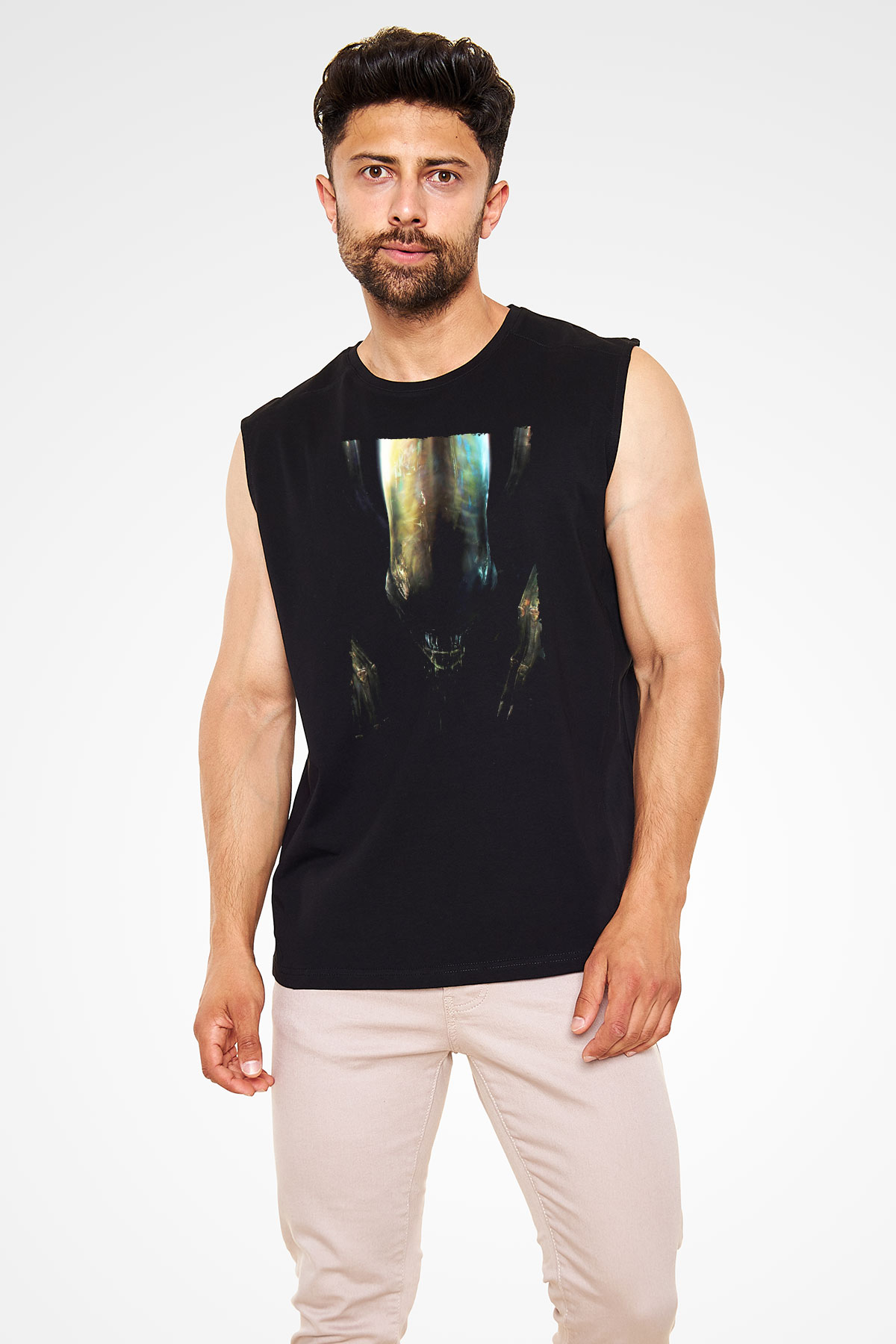 Unisex Yaratık (Alien) Baskılı Siyah Kolsuz Tshirt