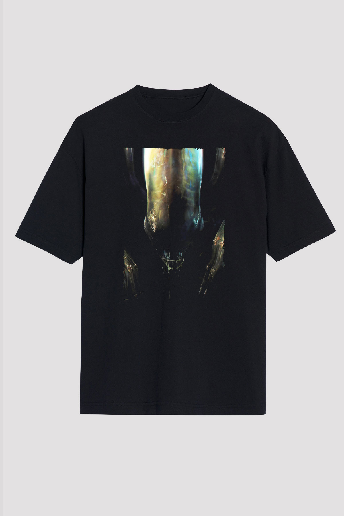 Unisex Yaratık (Alien) Baskılı Siyah Oversize Tshirt