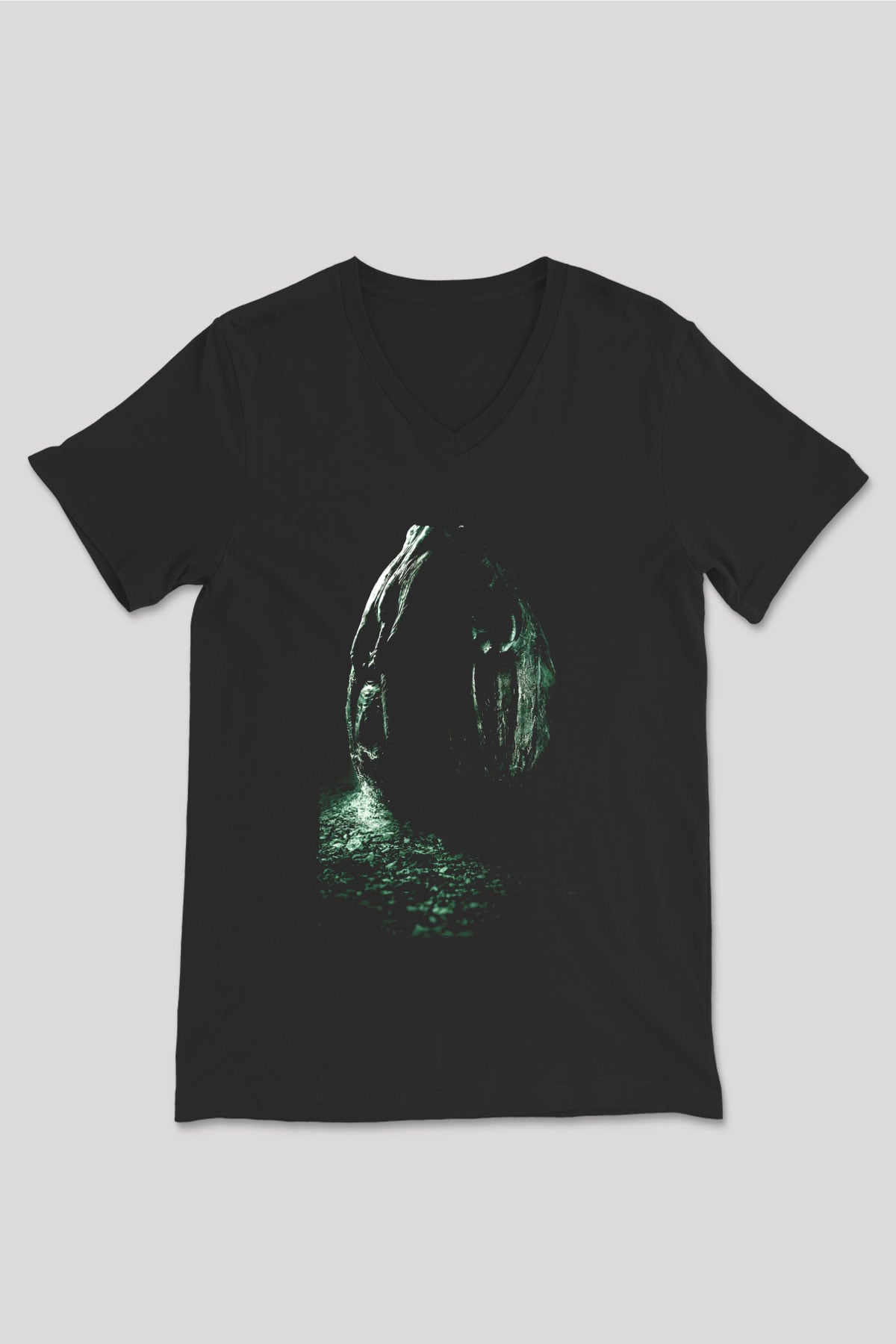 Unisex Yaratık (Alien) Baskılı Siyah Unisex V Yaka Tshirt