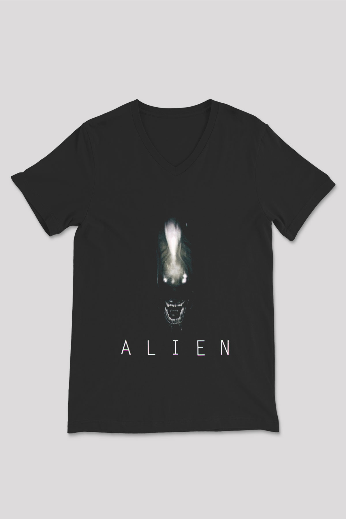 Unisex Yaratık (Alien) Baskılı Siyah V Yaka T-shirt