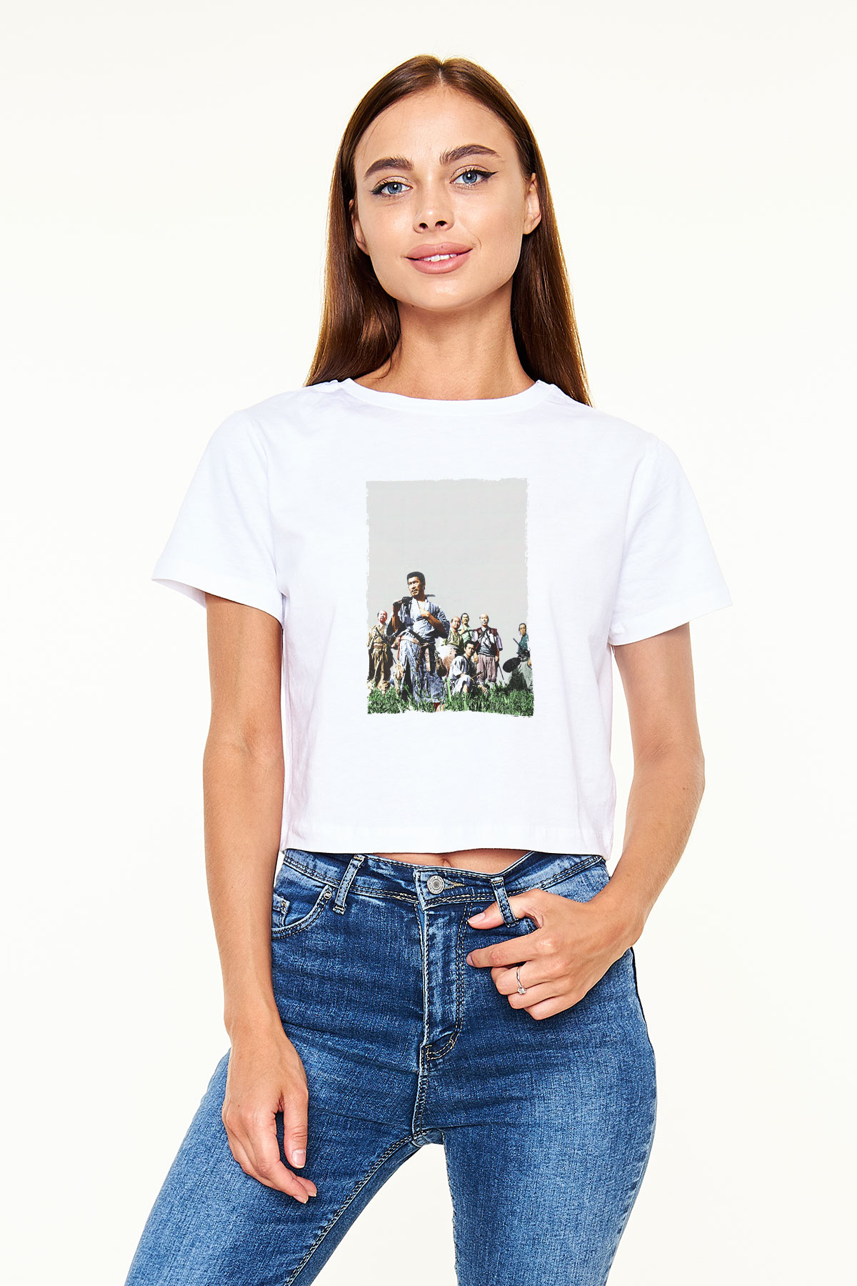 Unisex Yedi Samuray (Seven Samurai) Baskılı Beyaz Crop Top Tişört