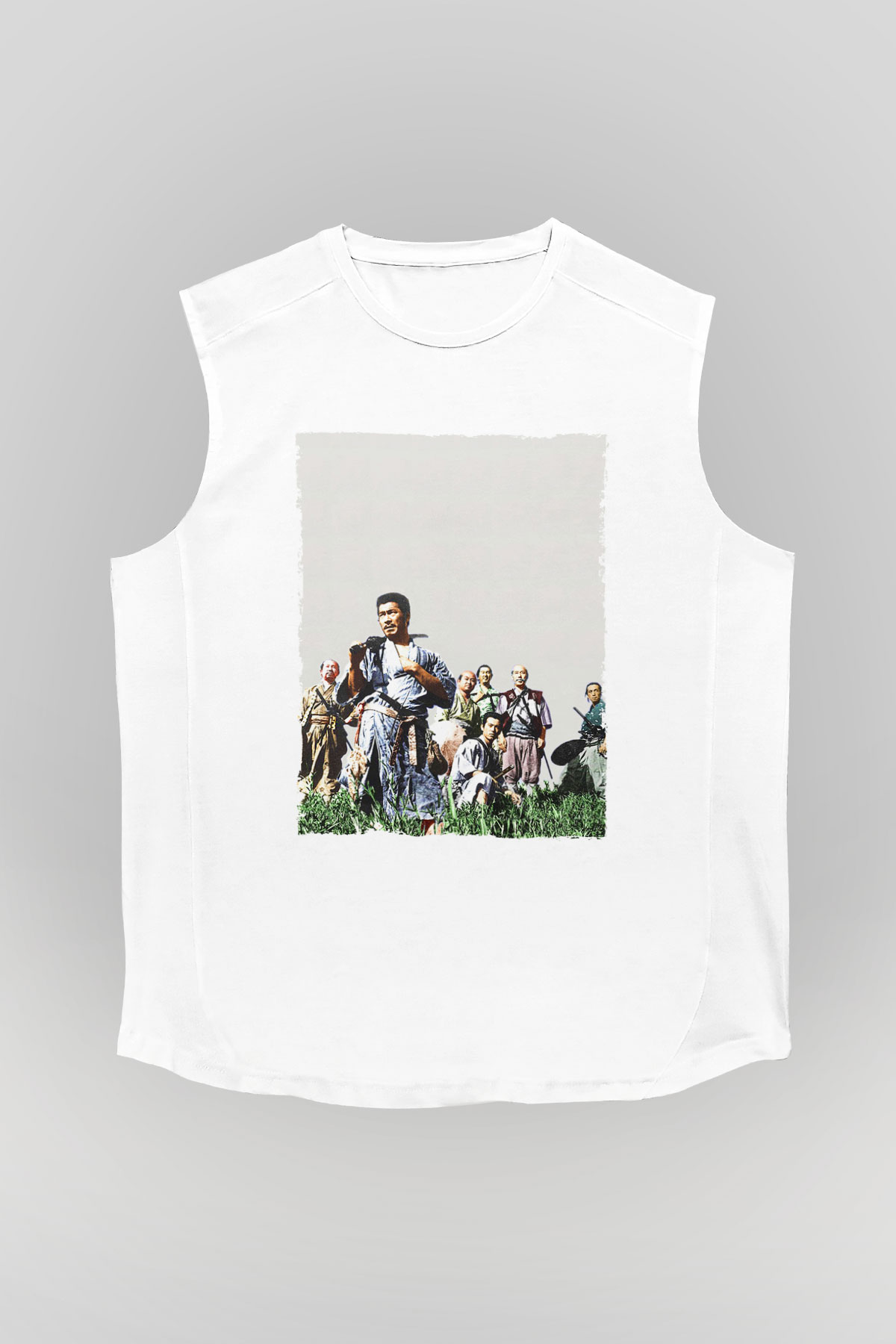 Unisex Yedi Samuray (Seven Samurai) Baskılı Beyaz Kolsuz Tişört