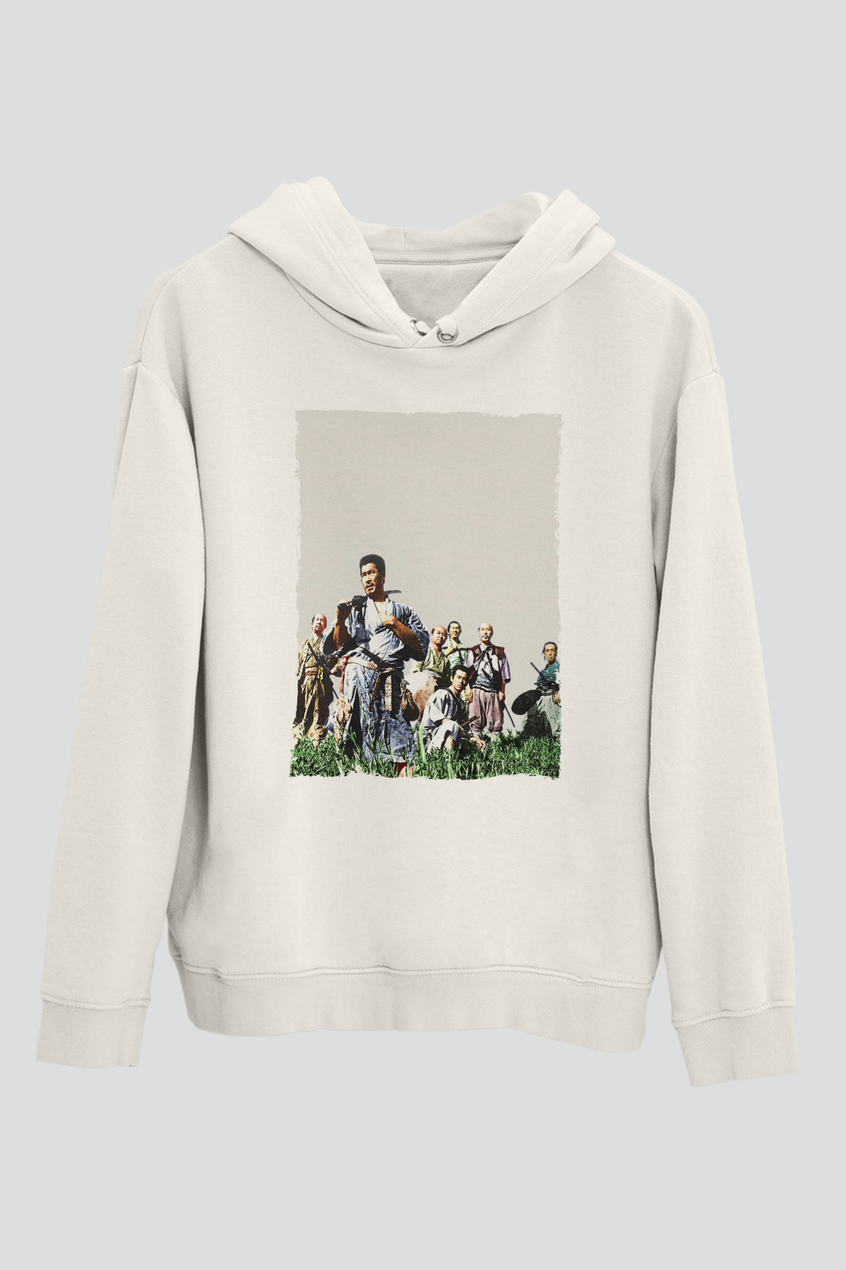 Unisex Yedi Samuray (Seven Samurai) Baskılı Beyaz Kapüşonlu Sweatshirt