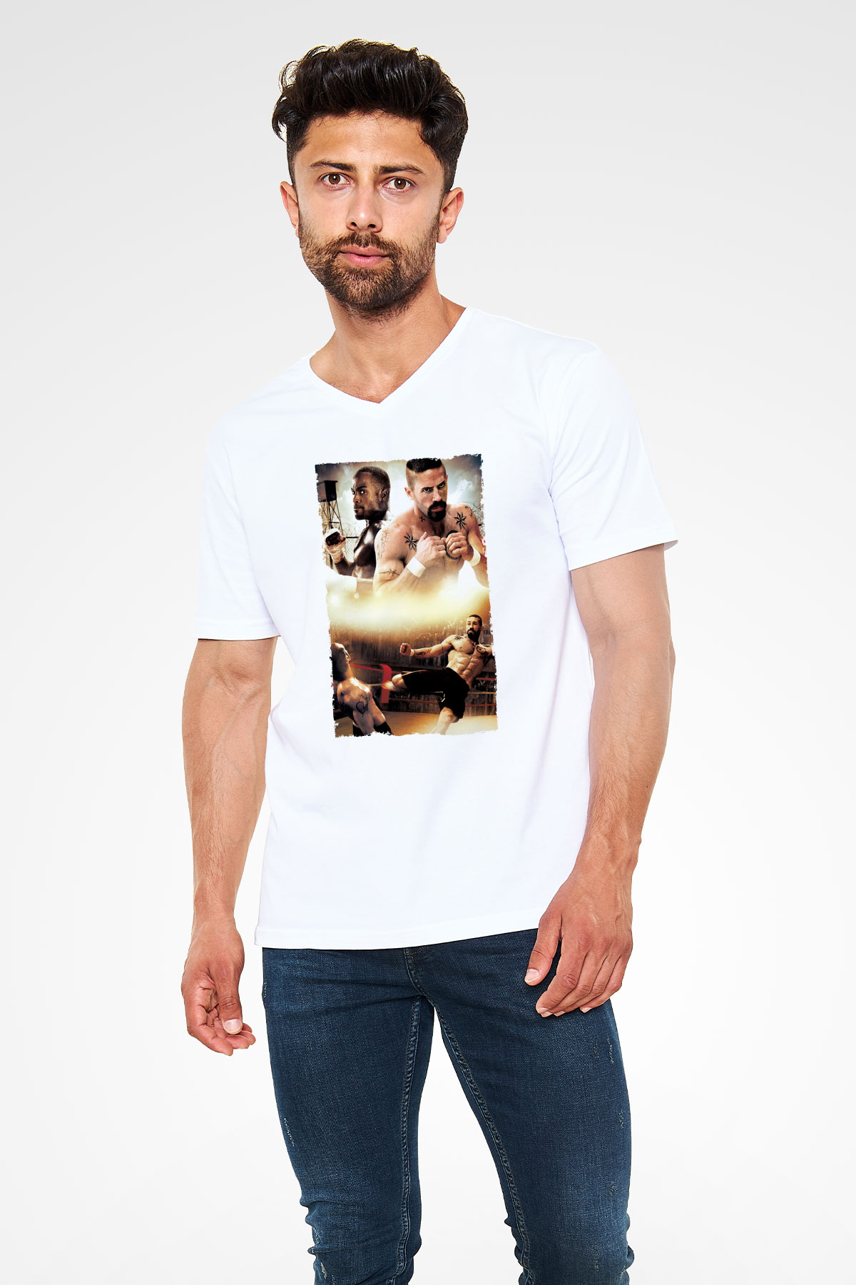 Unisex Yenilmez (Undisputed) Baskılı Beyaz V Yaka Tişört