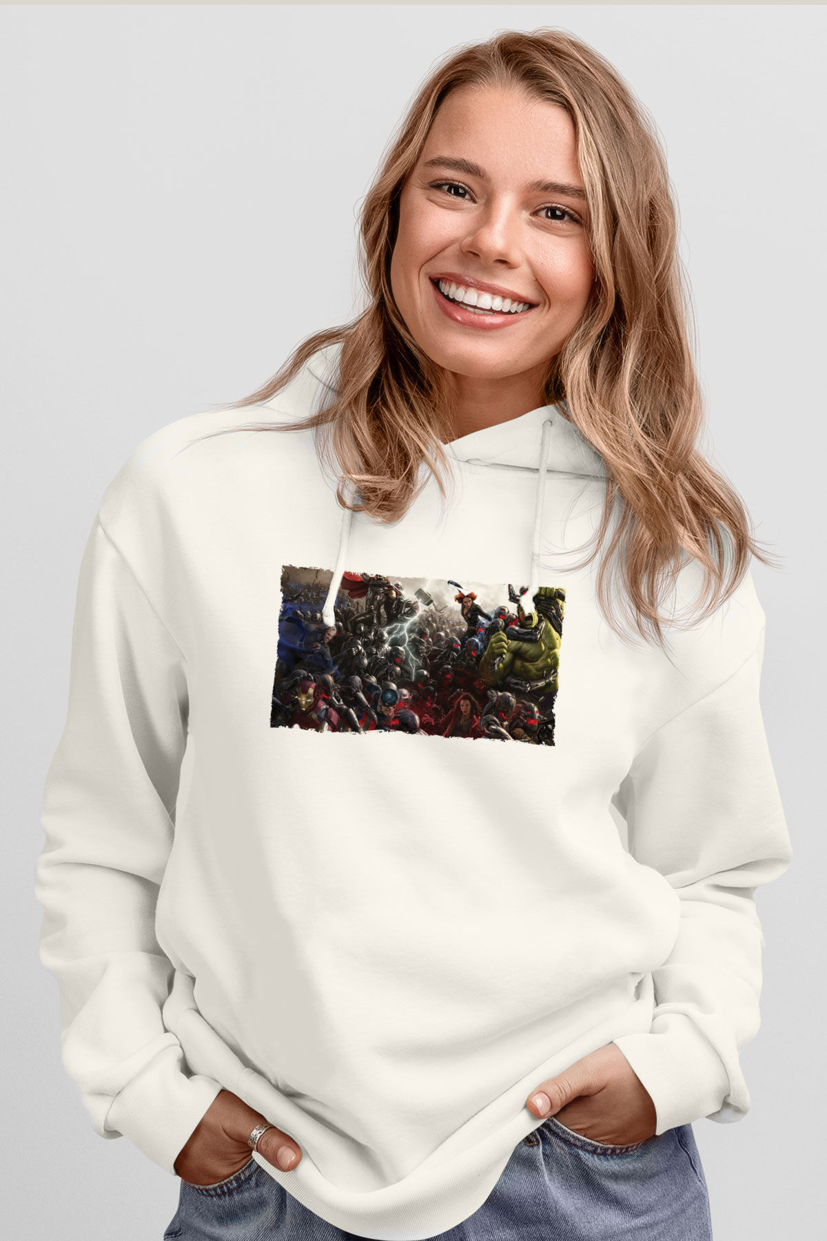 Unisex Yenilmezler 2 Avengers Age of Ultron Baskılı Beyaz Kapüşonlu Sweatshirt