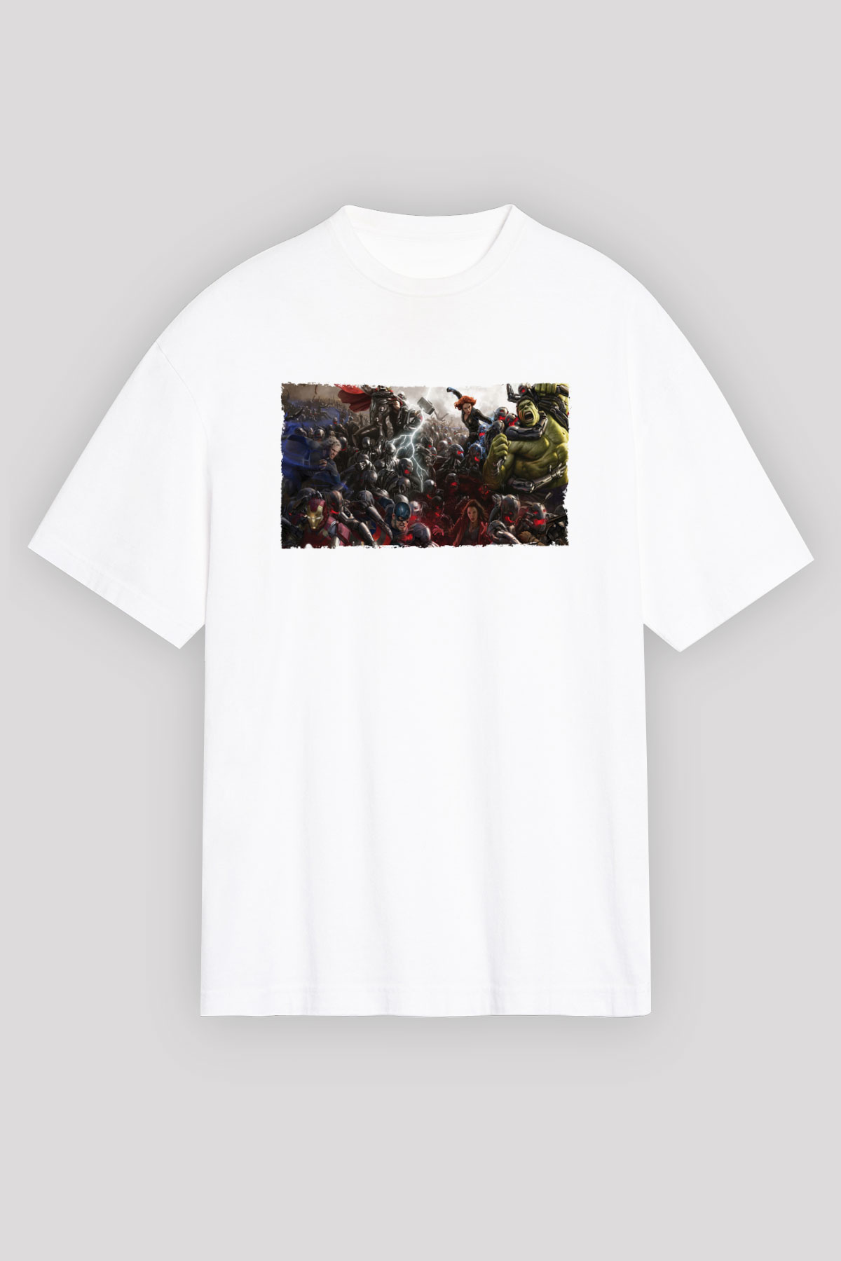 Unisex Yenilmezler 2 Avengers Age of Ultron Baskılı Beyaz Oversize Tişört