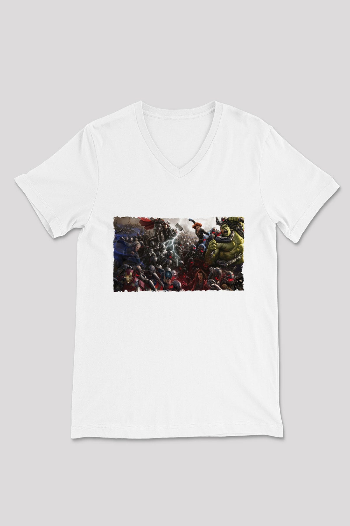 Unisex Yenilmezler 2 Avengers Age of Ultron Baskılı Beyaz V Yaka Tişört