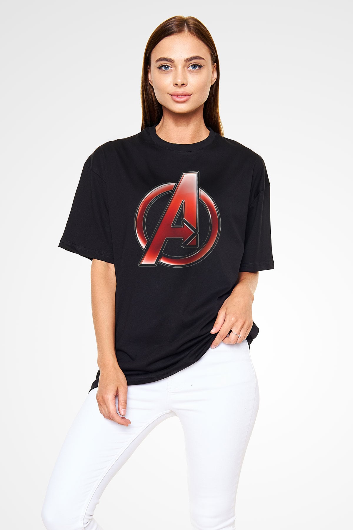 Unisex Yenilmezler (Avengers) Baskılı Siyah Oversize Tshirt