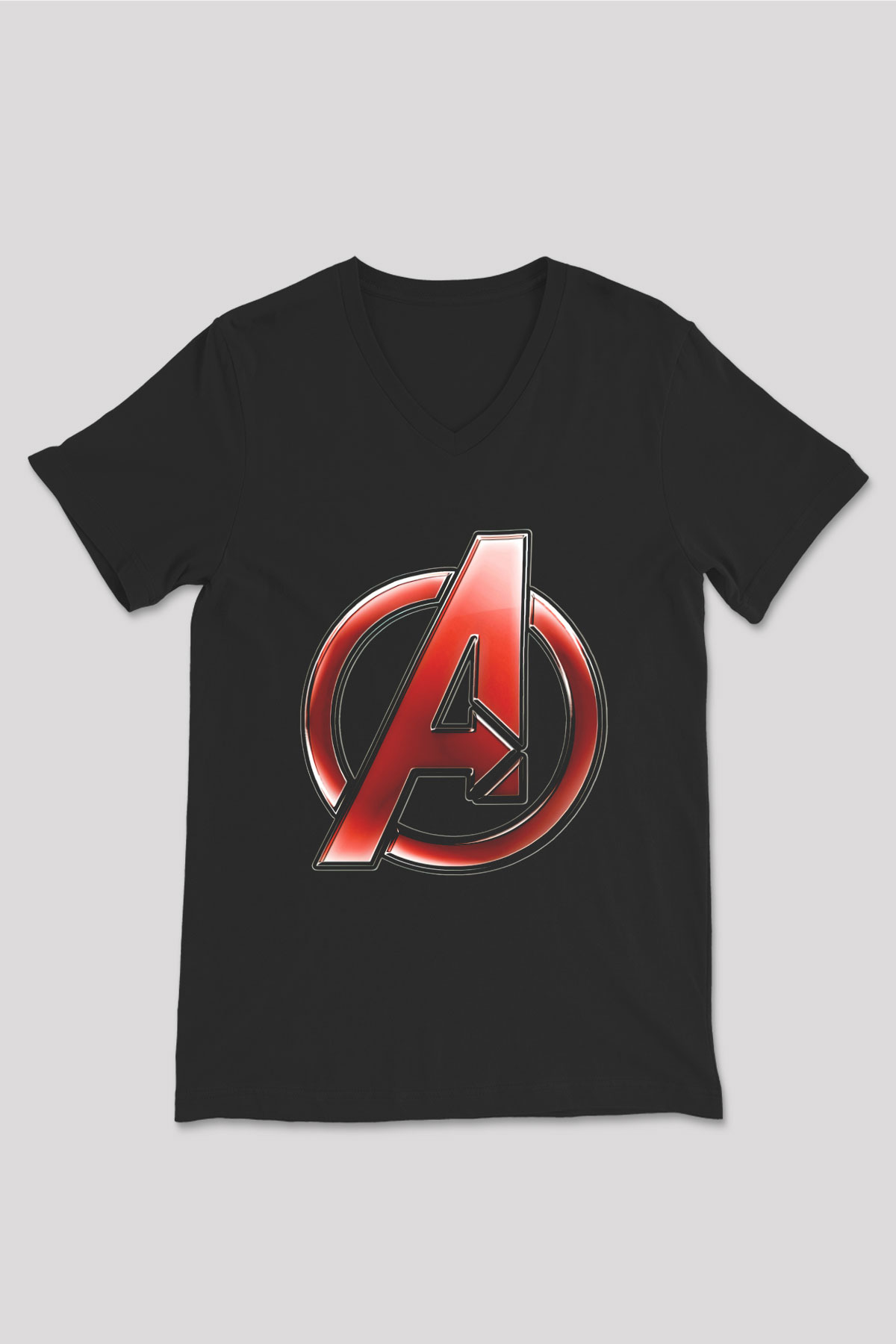Unisex Yenilmezler (Avengers) Baskılı Siyah V Yaka Tshirt