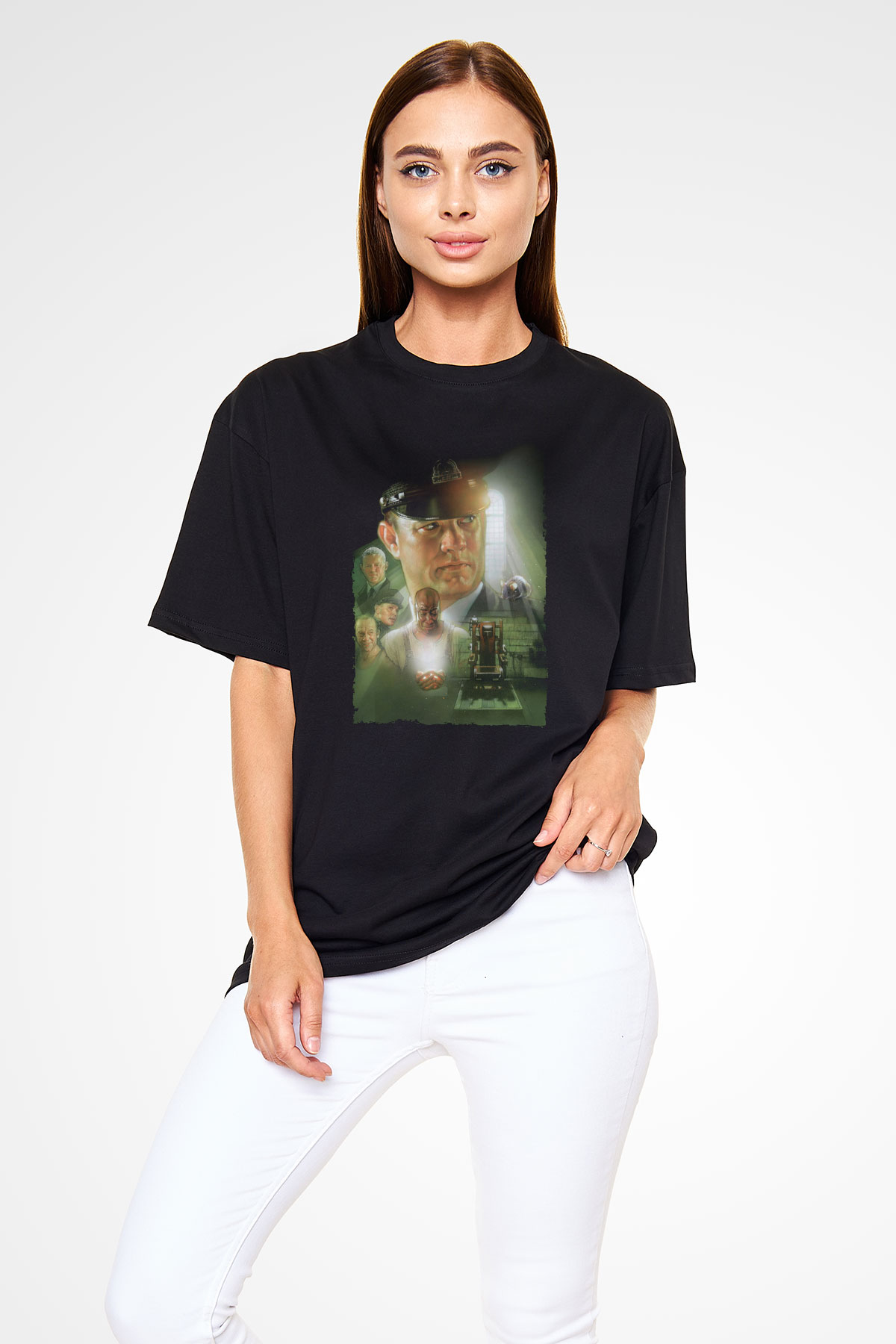 Unisex Yeşil Yol (The Green Mile) Baskılı Siyah Oversize T-shirt