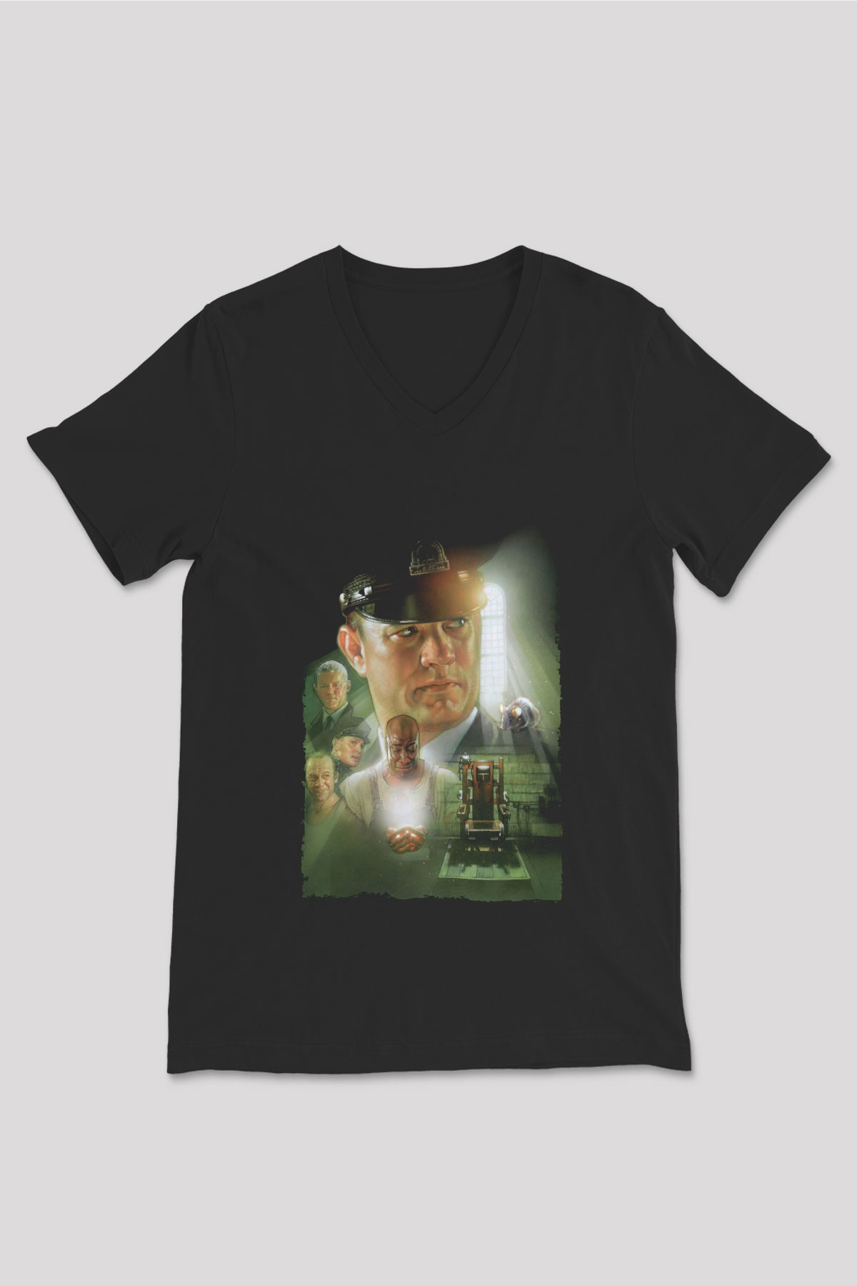 Unisex Yeşil Yol (The Green Mile) Baskılı Siyah V Yaka T-shirt