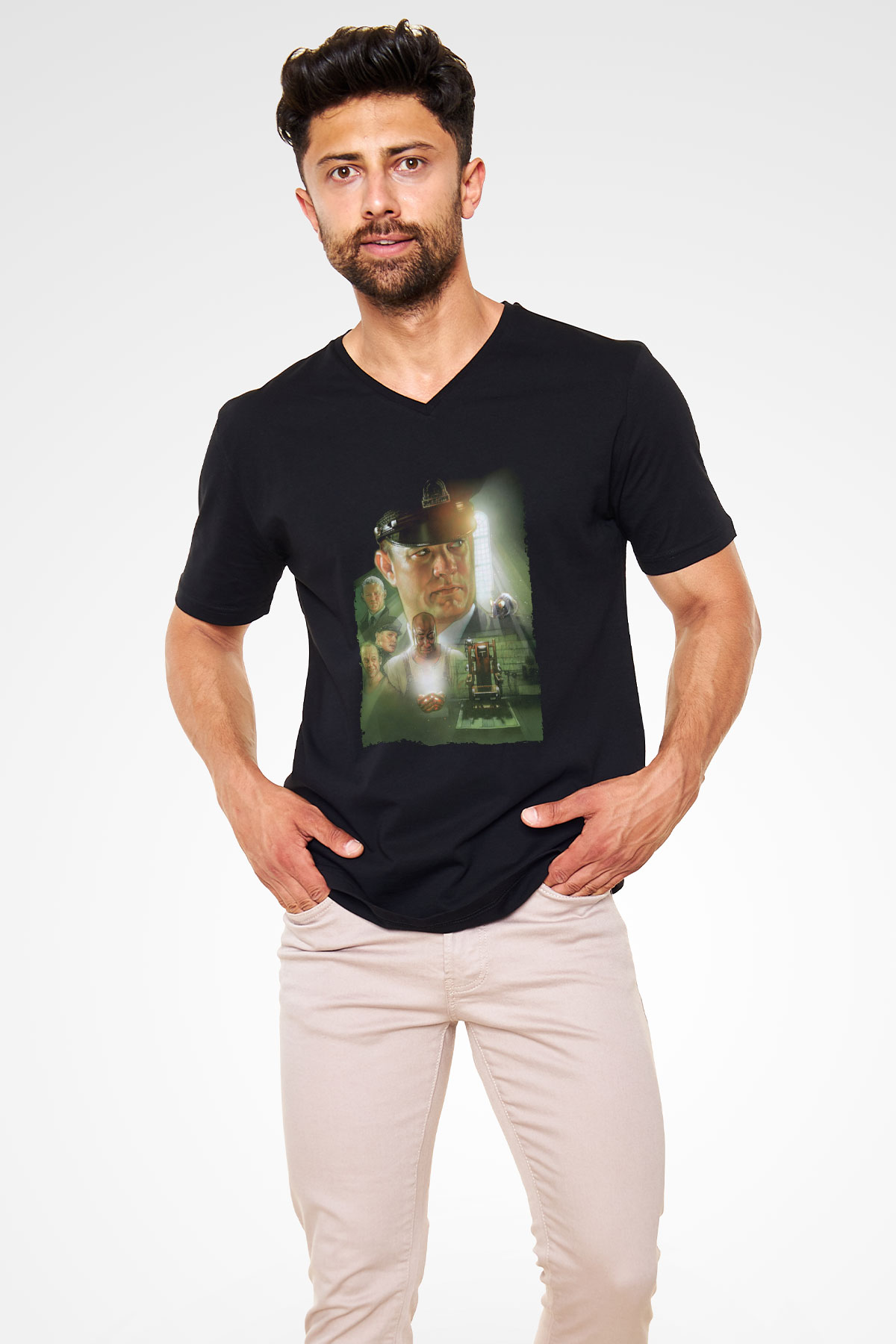 Unisex Yeşil Yol (The Green Mile) Baskılı Siyah V Yaka T-shirt