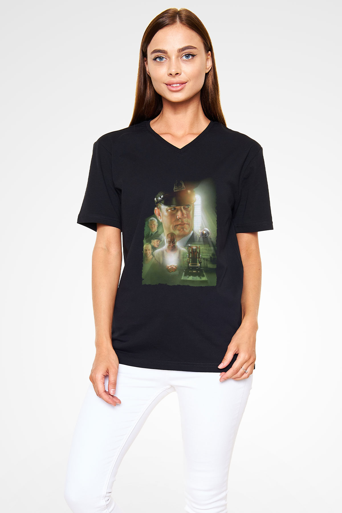 Unisex Yeşil Yol (The Green Mile) Baskılı Siyah V Yaka T-shirt