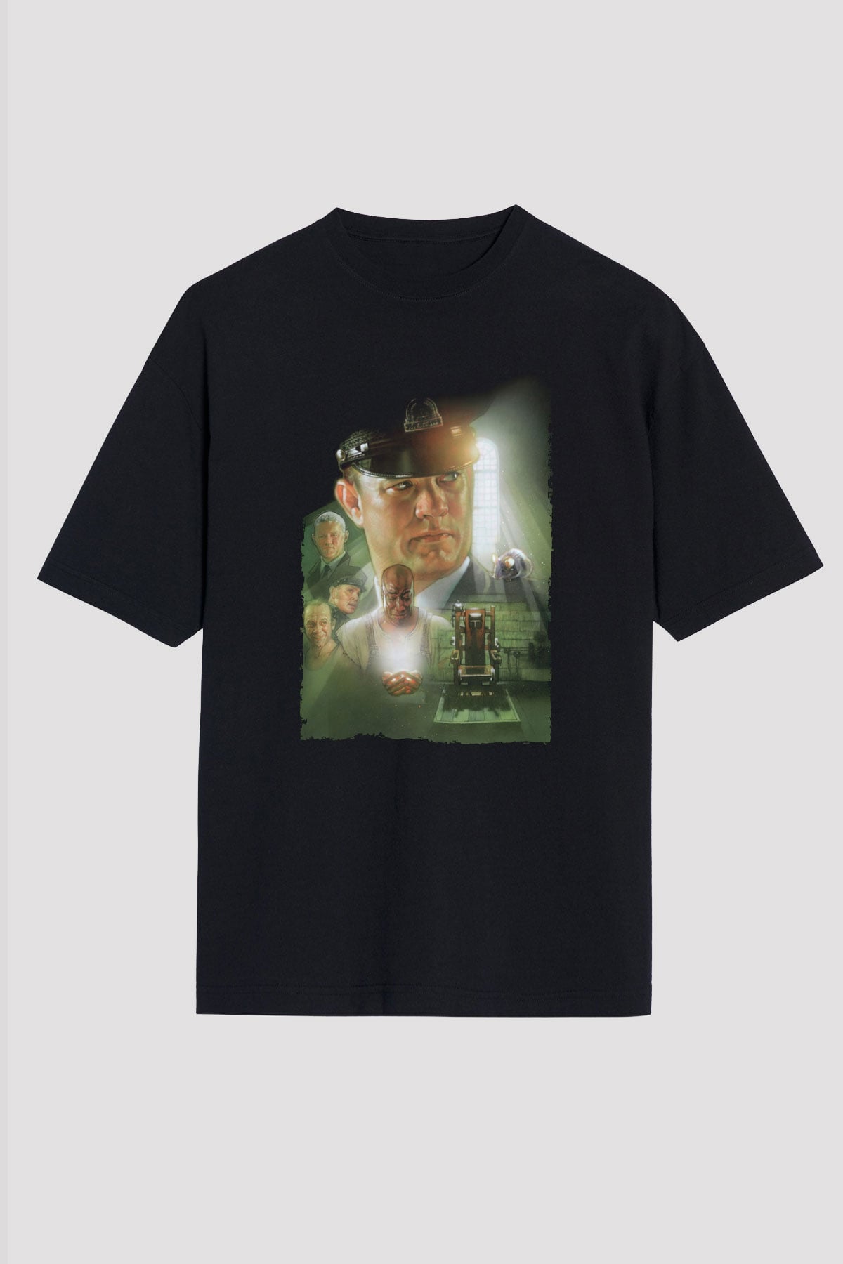 Unisex Yeşil Yol (The Green Mile) Baskılı Siyah Oversize T-shirt