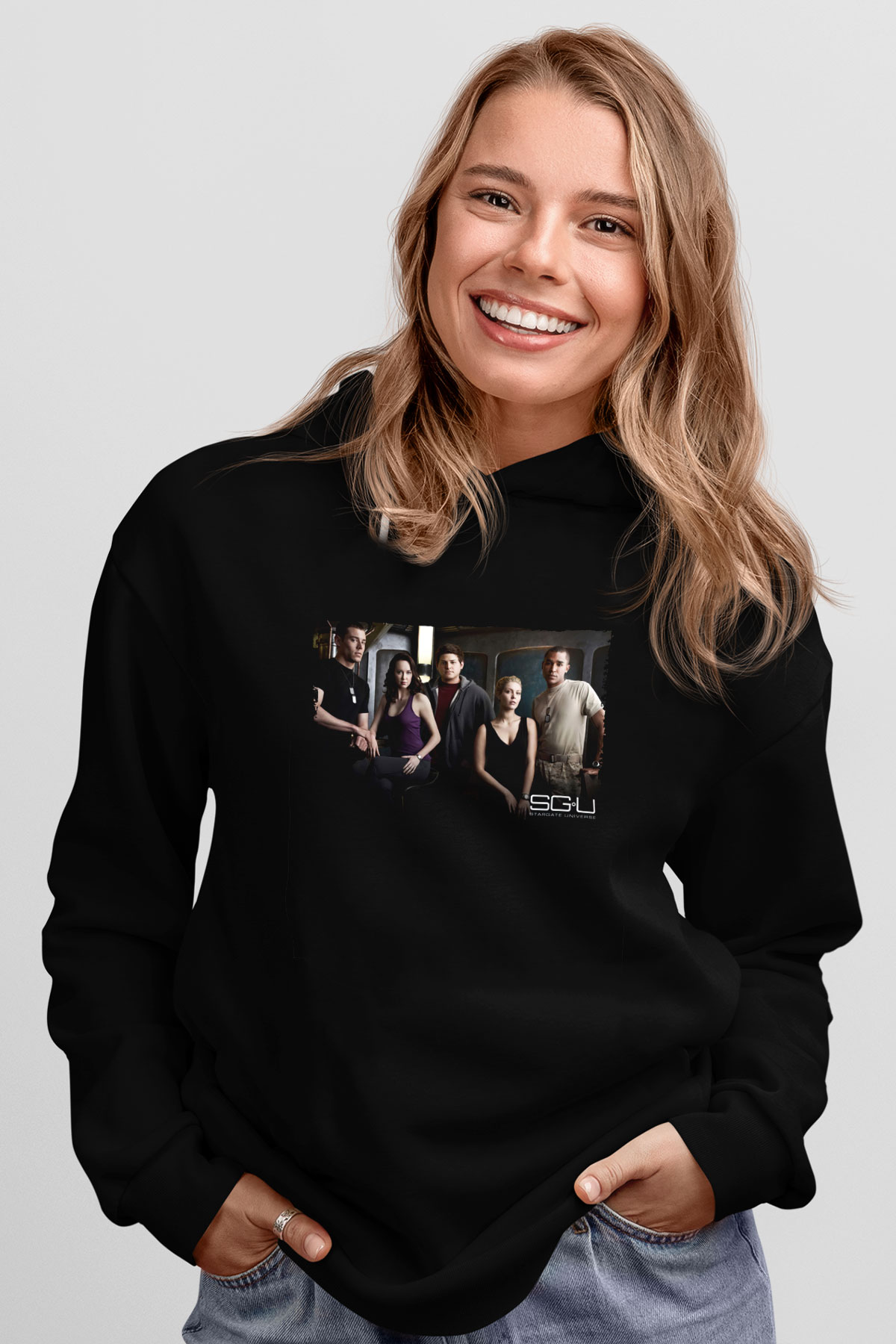 Unisex Yıldız Geçidi Evren (Stargate Universe) Baskılı Siyah Kapüşonlu Sweatshirt
