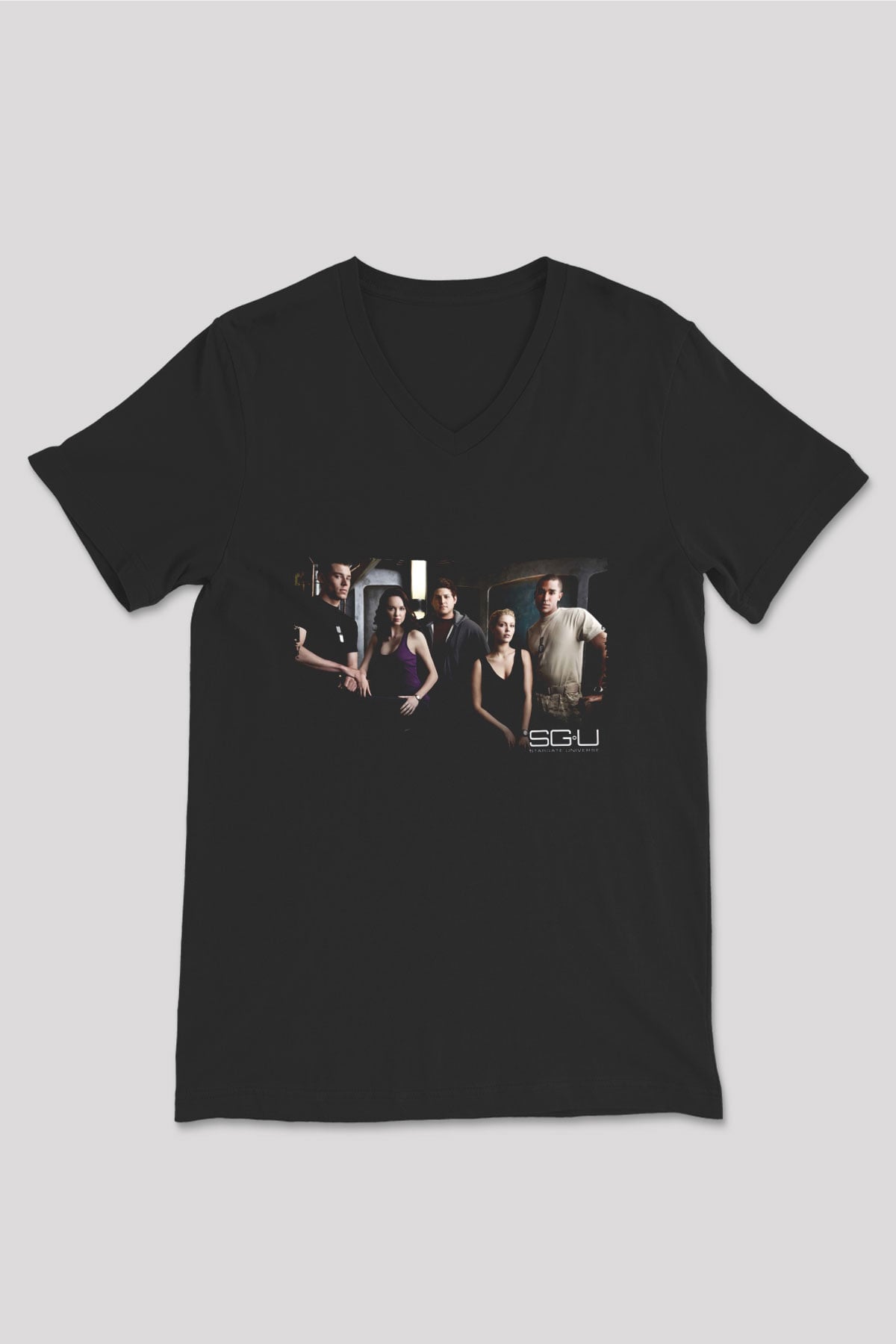 Unisex Yıldız Geçidi Evren (Stargate Universe) Baskılı Siyah V Yaka Tişört
