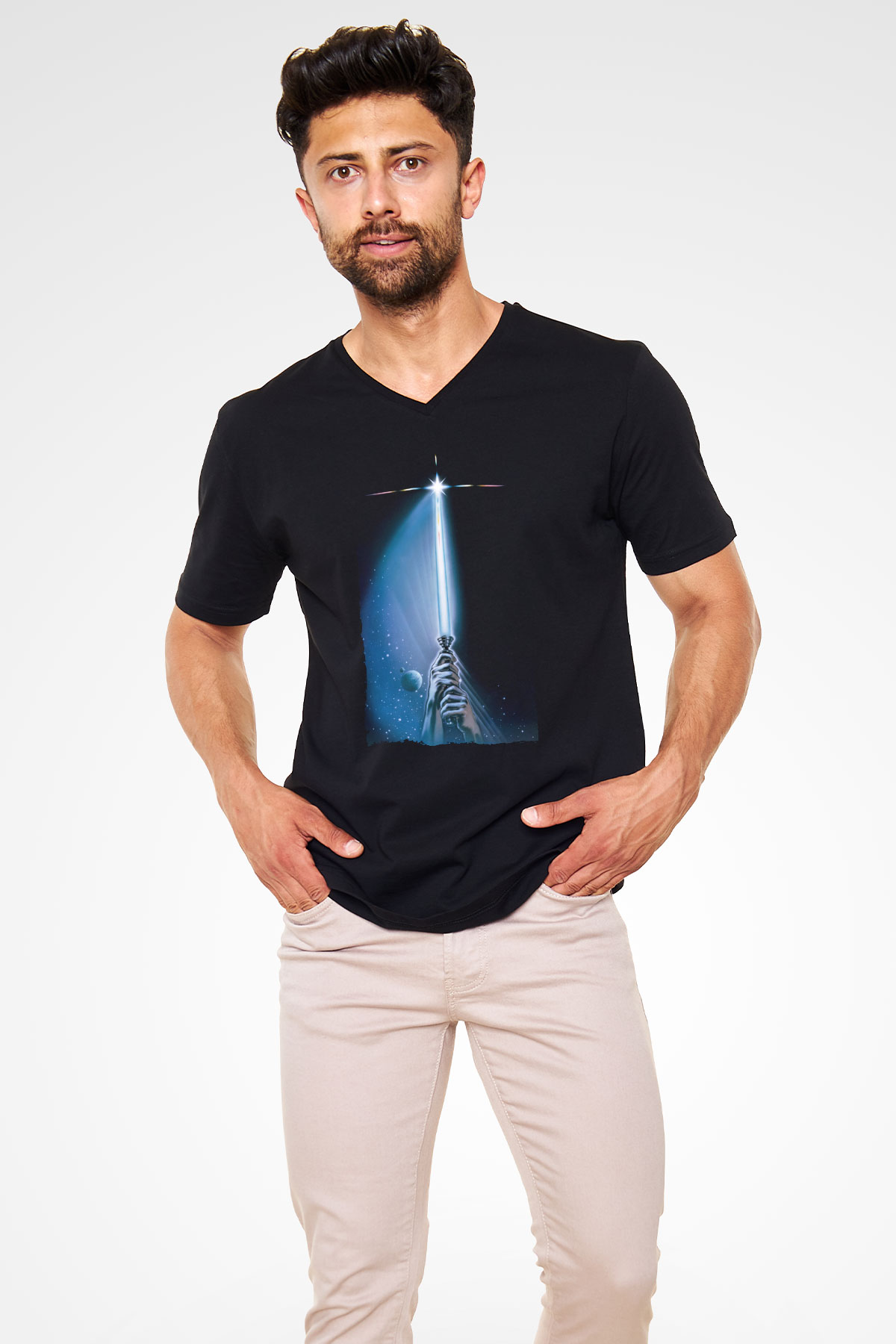 Unisex Yıldız Savaşları Bölüm VI - Jediın Dönüşü (Return of the Jedi) Baskılı Siyah V Yaka T-shirt
