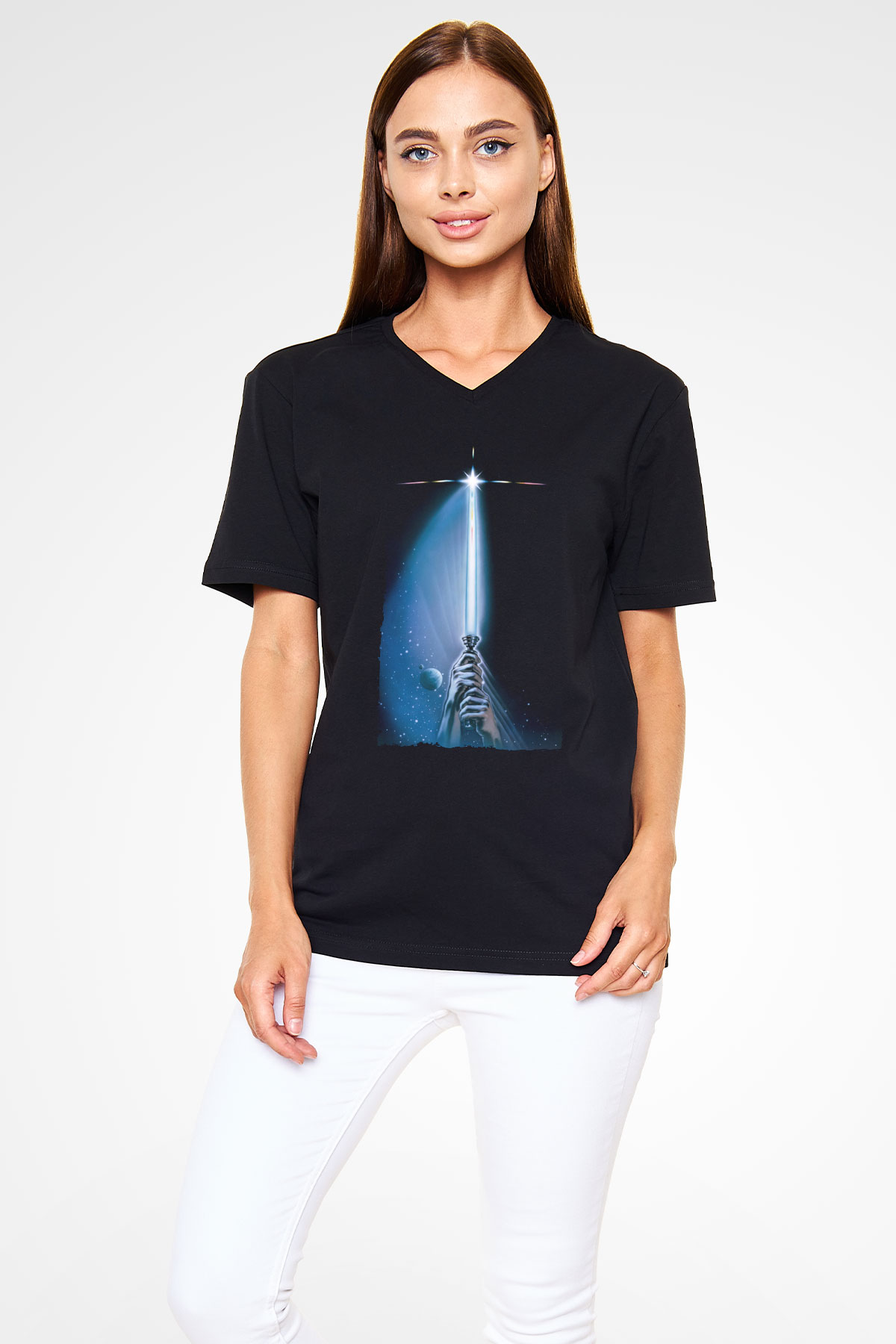 Unisex Yıldız Savaşları Bölüm VI - Jediın Dönüşü (Return of the Jedi) Baskılı Siyah V Yaka T-shirt