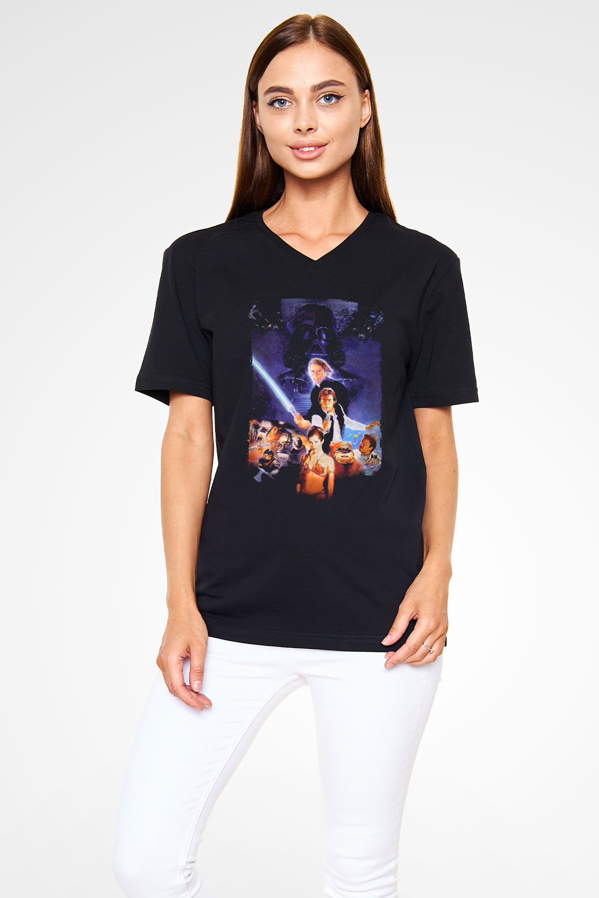 Unisex Yıldız Savaşları Bölüm VI - Jediın Dönüşü (Return of the Jedi) Baskılı Siyah V Yaka Tişört