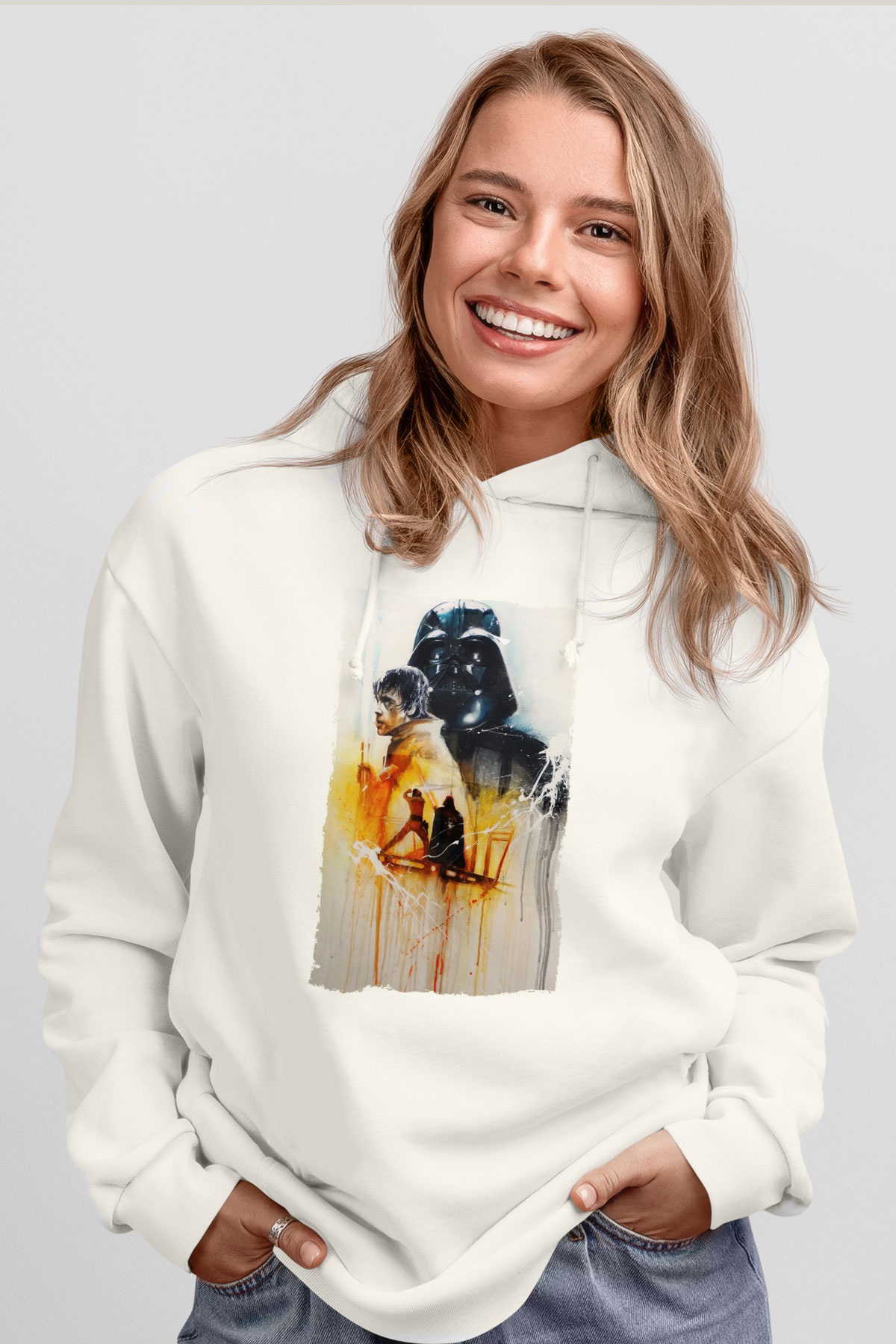 Unisex Yıldız Savaşları (Return of the Jedi) Baskılı Beyaz Kapüşonlu Sweatshirt