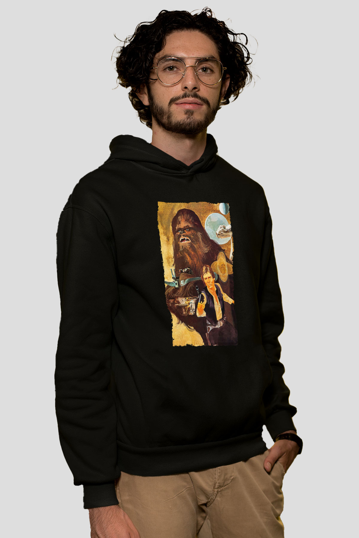 Unisex Yıldız Savaşları (Star Wars) Baskılı Siyah Kapüşonlu Sweatshirt