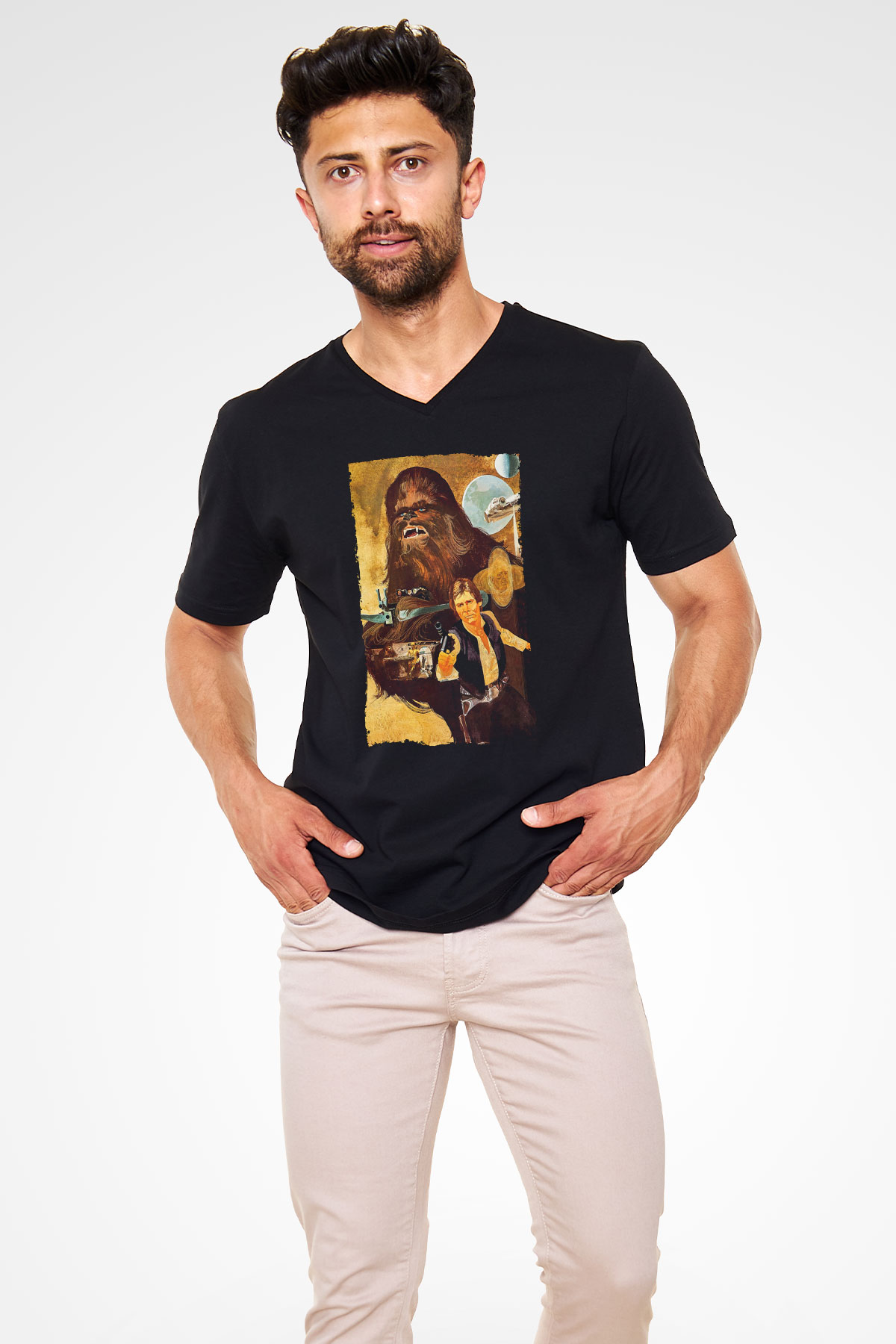 Unisex Yıldız Savaşları (Star Wars) Baskılı Siyah V Yaka Tişört