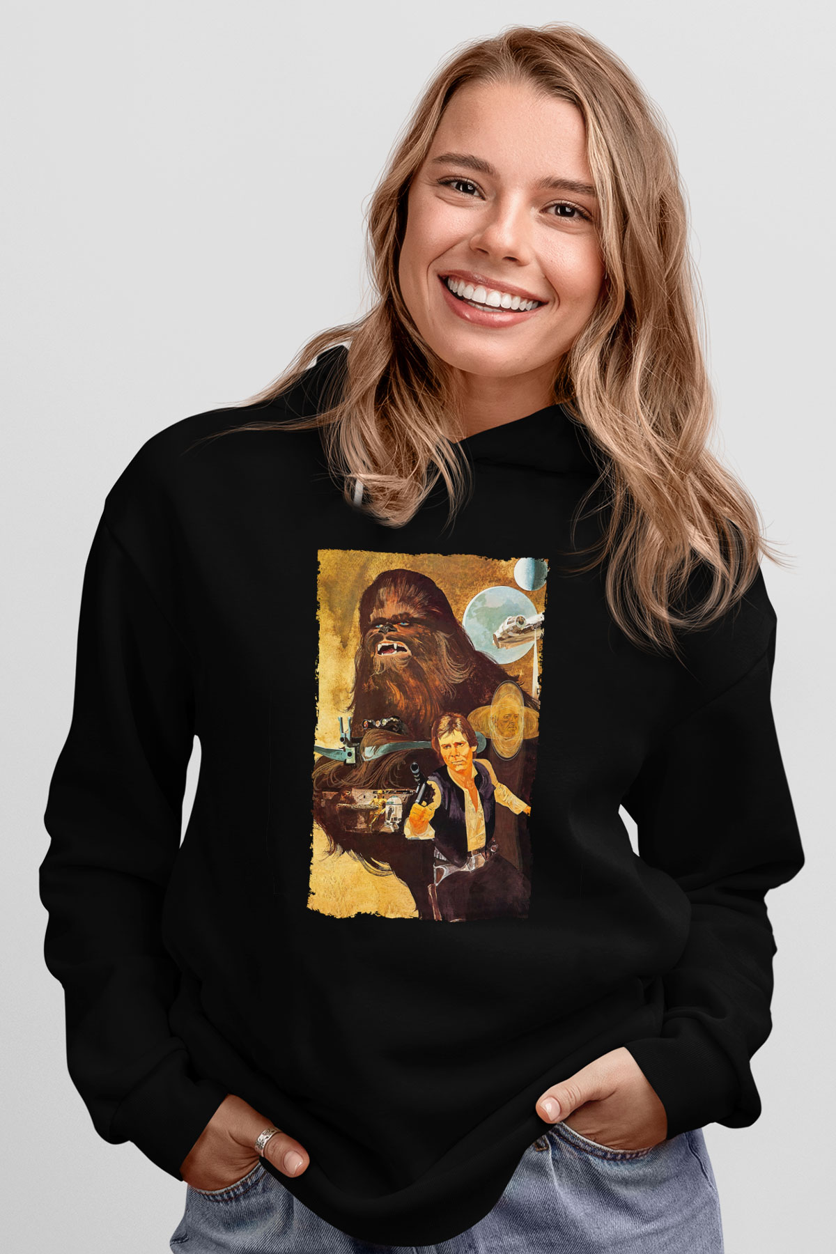 Unisex Yıldız Savaşları (Star Wars) Baskılı Siyah Kapüşonlu Sweatshirt