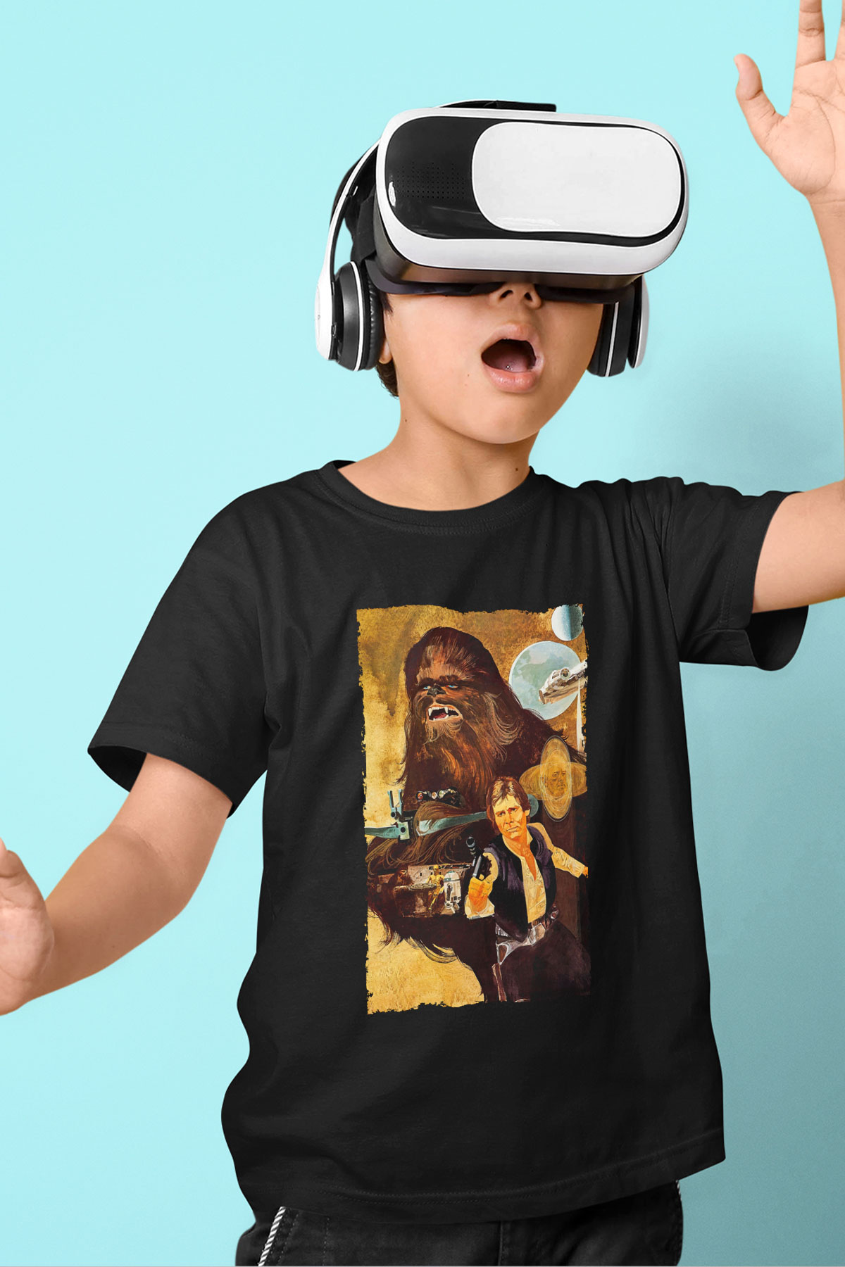 Unisex Yıldız Savaşları (Star Wars) Baskılı Siyah Çocuk Tişört