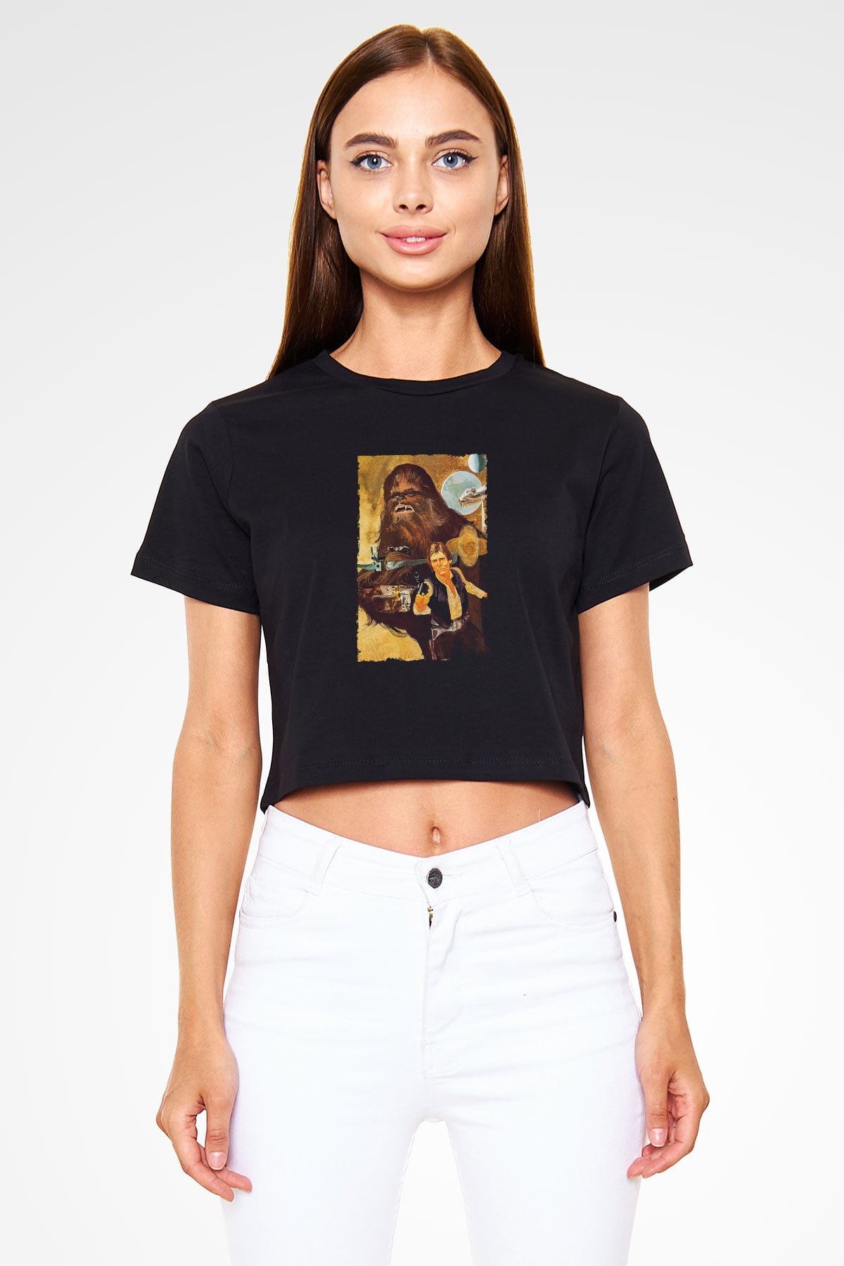 Unisex Yıldız Savaşları (Star Wars) Baskılı Siyah Crop Top Tişört