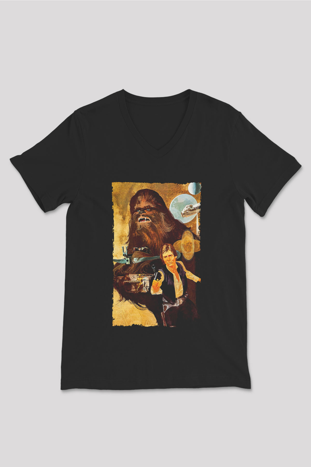 Unisex Yıldız Savaşları (Star Wars) Baskılı Siyah V Yaka Tişört