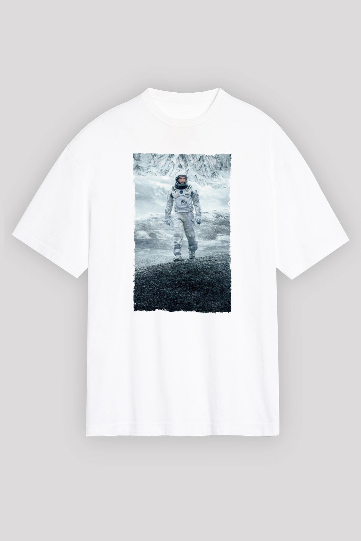 Unisex Yıldızlararası (Interstellar) Baskılı Beyaz Oversize Tişört