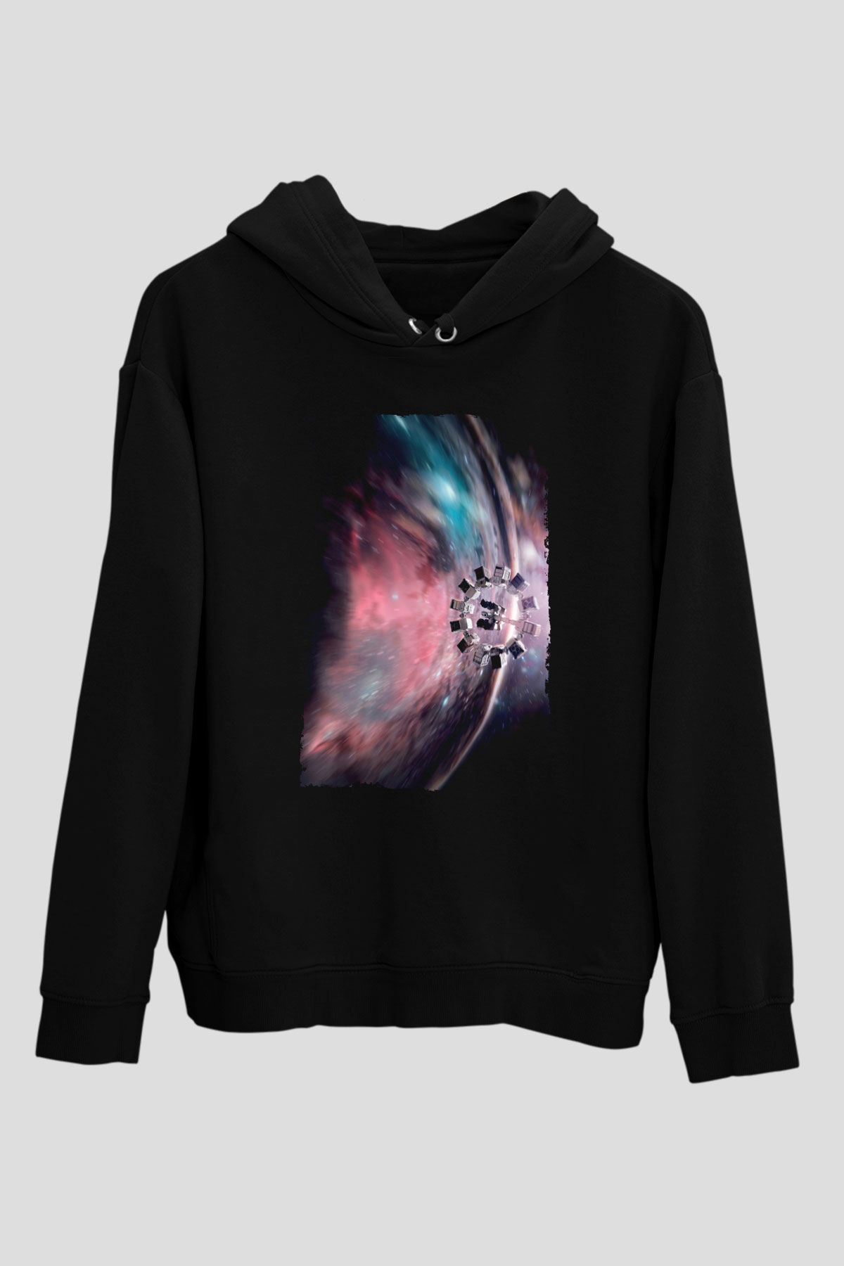 Unisex Yıldızlararası (Interstellar) Baskılı Siyah Kapüşonlu Sweatshirt