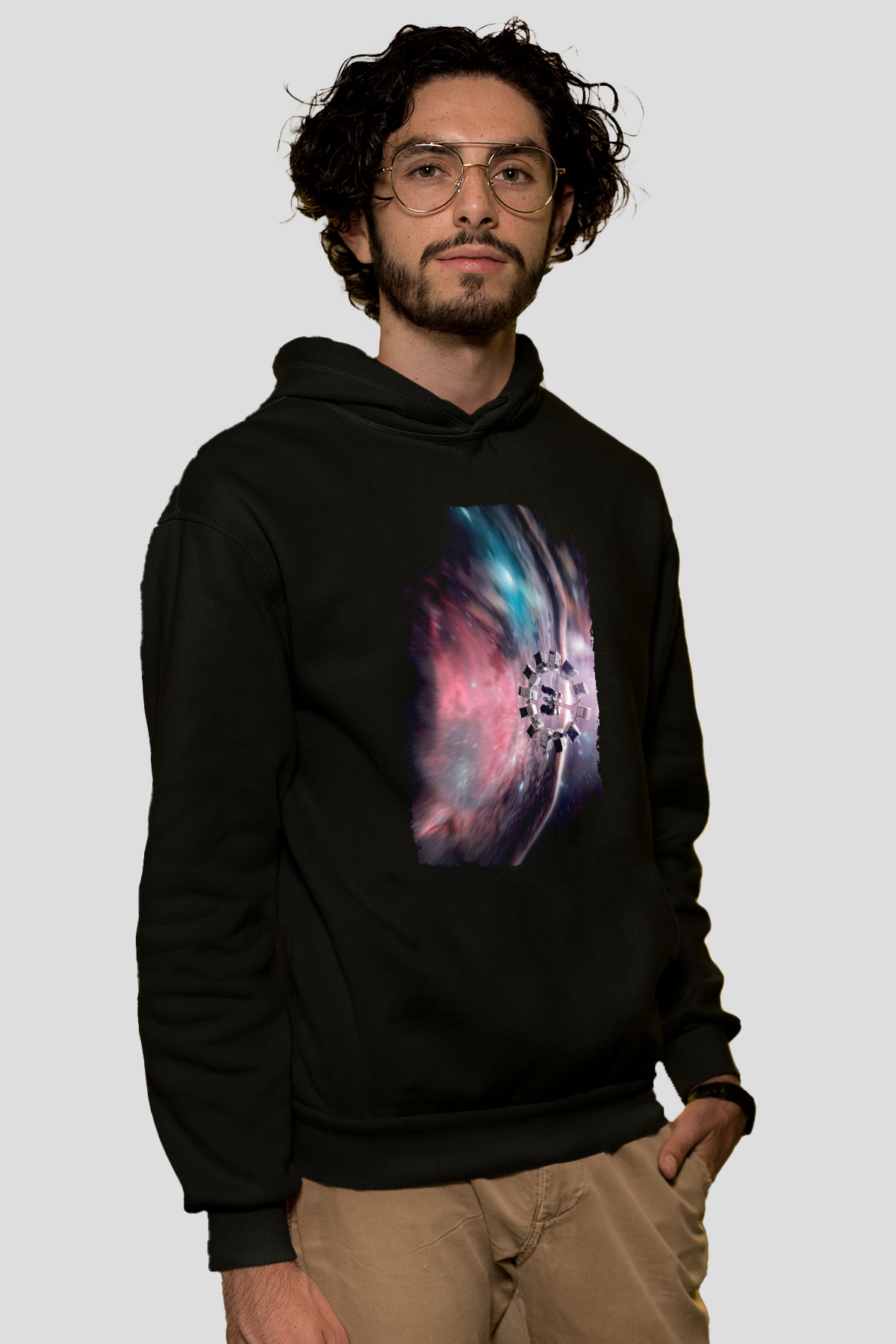 Unisex Yıldızlararası (Interstellar) Baskılı Siyah Kapüşonlu Sweatshirt