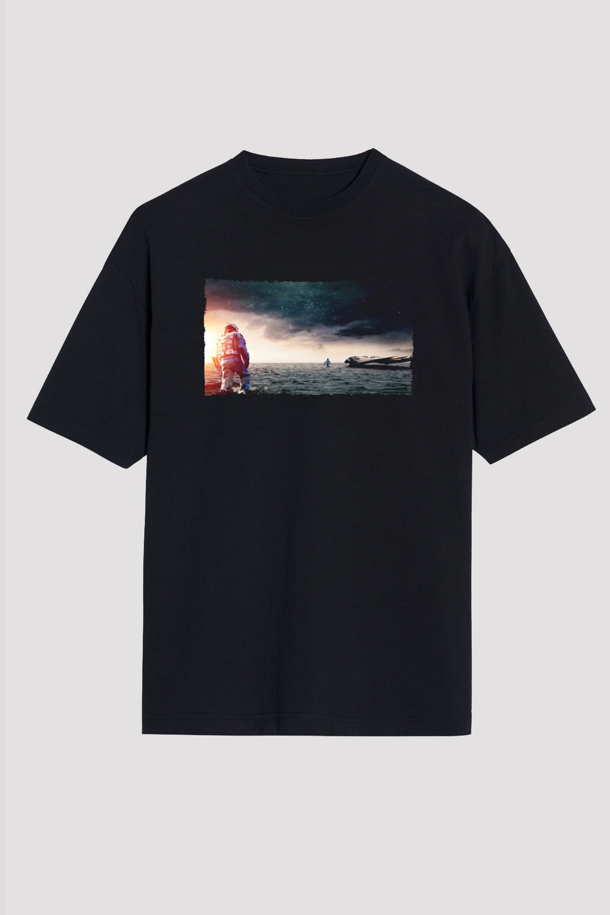 Unisex Yıldızlararası (Interstellar) Baskılı Siyah Unisex Oversize Tshirt