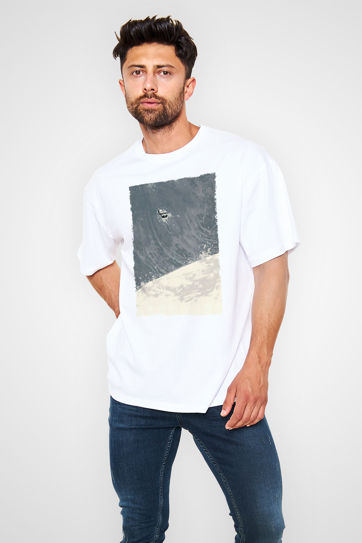 Unisex Yıldızlararası (Interstellar) Baskılı Beyaz Oversize Oversize T-shirt