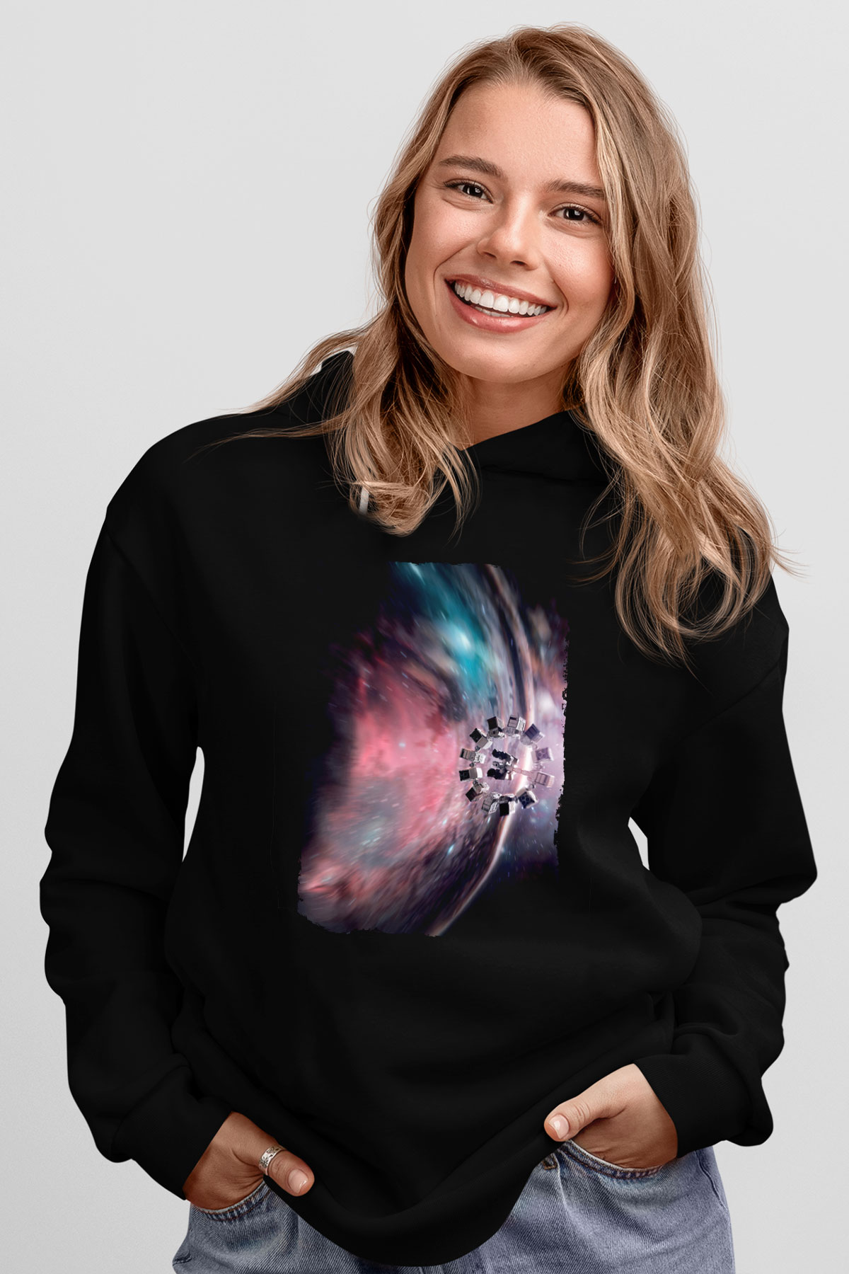 Unisex Yıldızlararası (Interstellar) Baskılı Siyah Kapüşonlu Sweatshirt