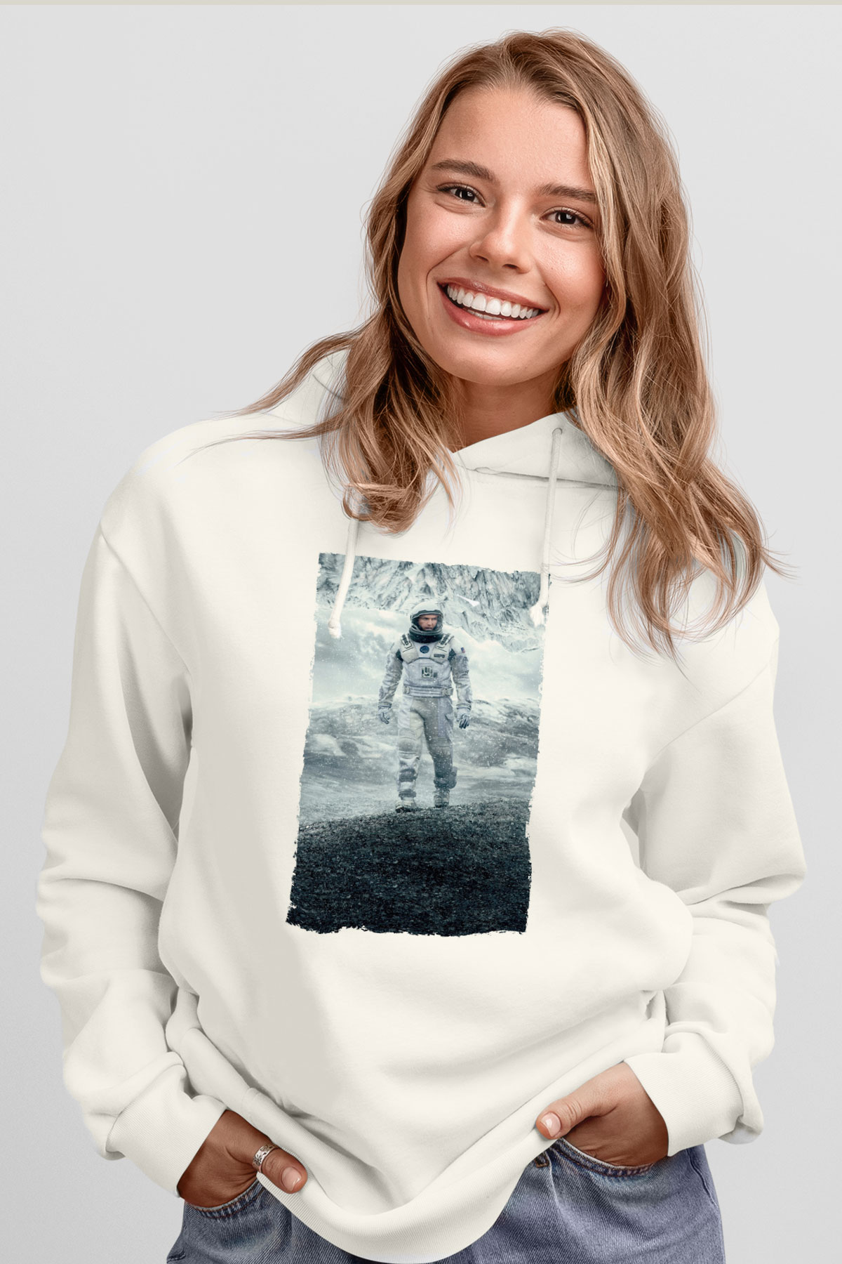 Unisex Yıldızlararası (Interstellar) Baskılı Beyaz Kapüşonlu Sweatshirt