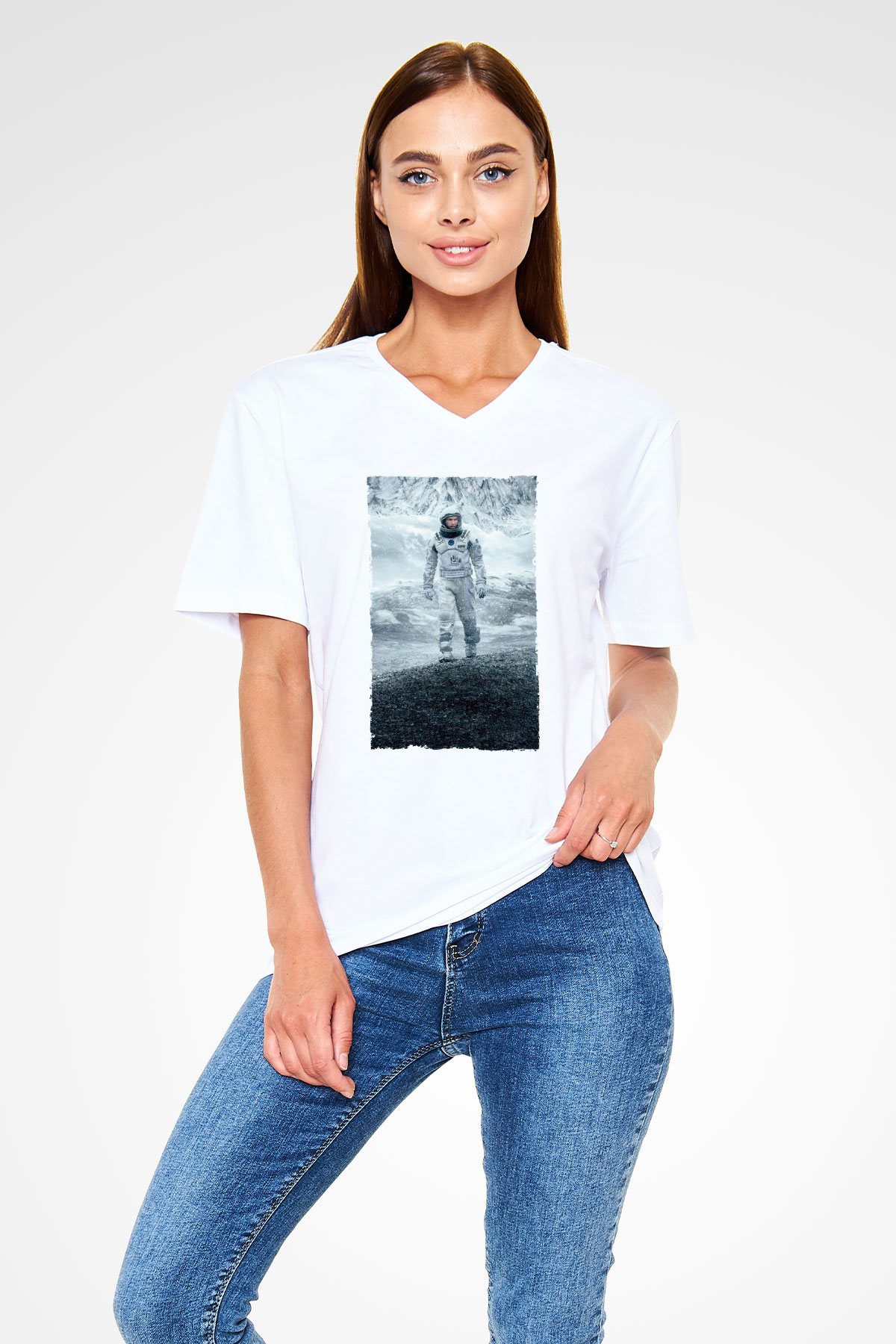 Unisex Yıldızlararası (Interstellar) Baskılı Beyaz V Yaka Tişört