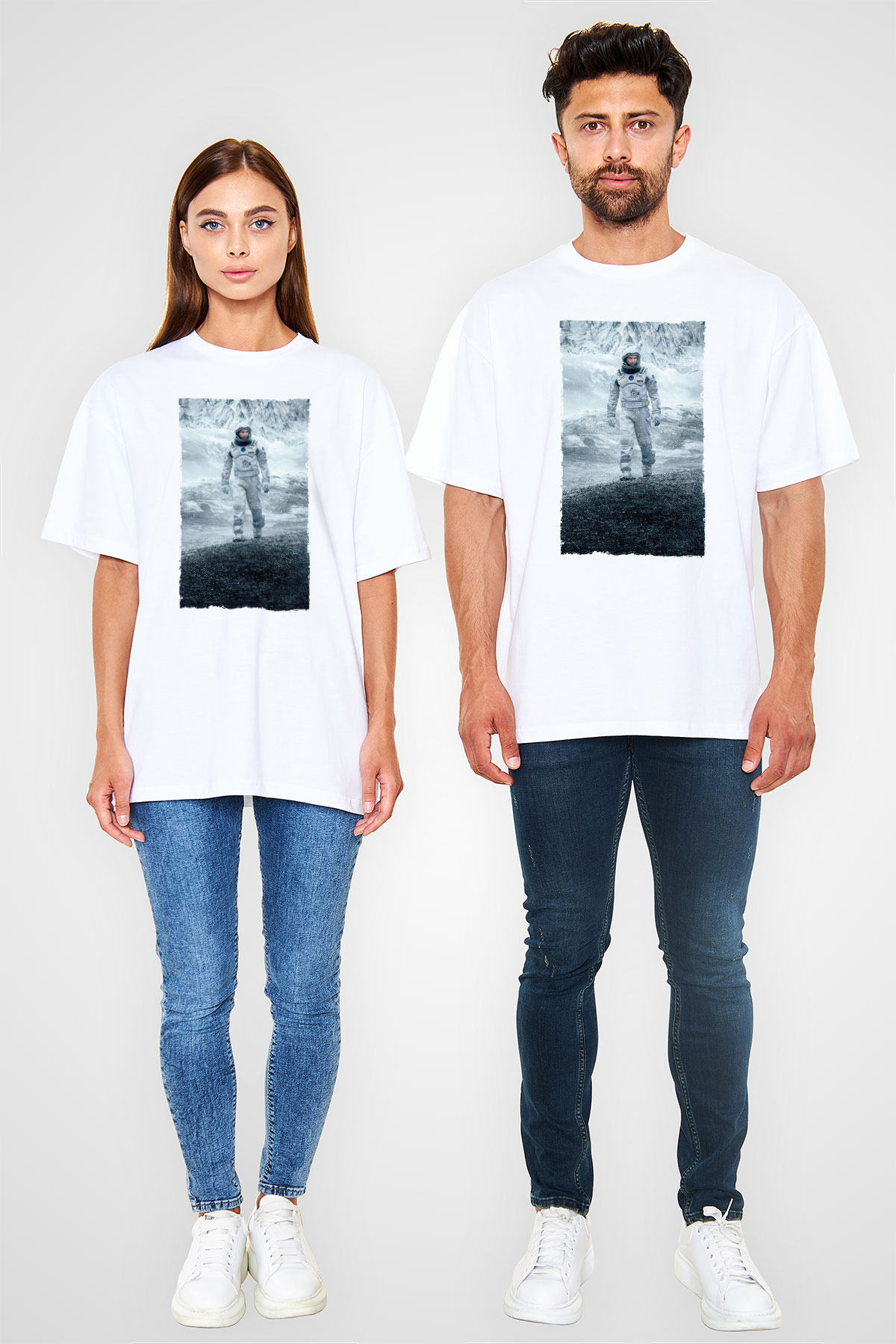 Unisex Yıldızlararası (Interstellar) Baskılı Beyaz Oversize Tişört