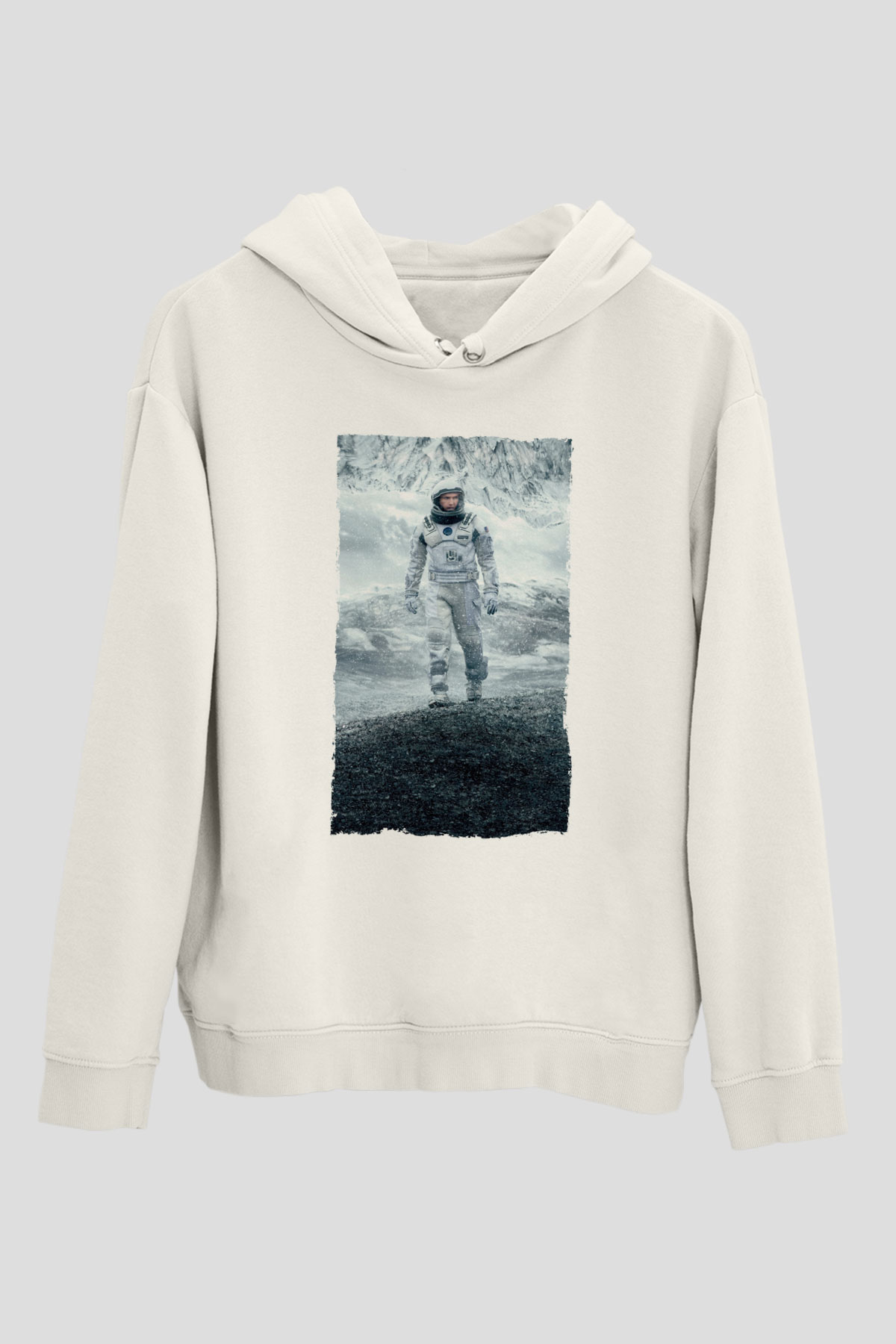 Unisex Yıldızlararası (Interstellar) Baskılı Beyaz Kapüşonlu Sweatshirt